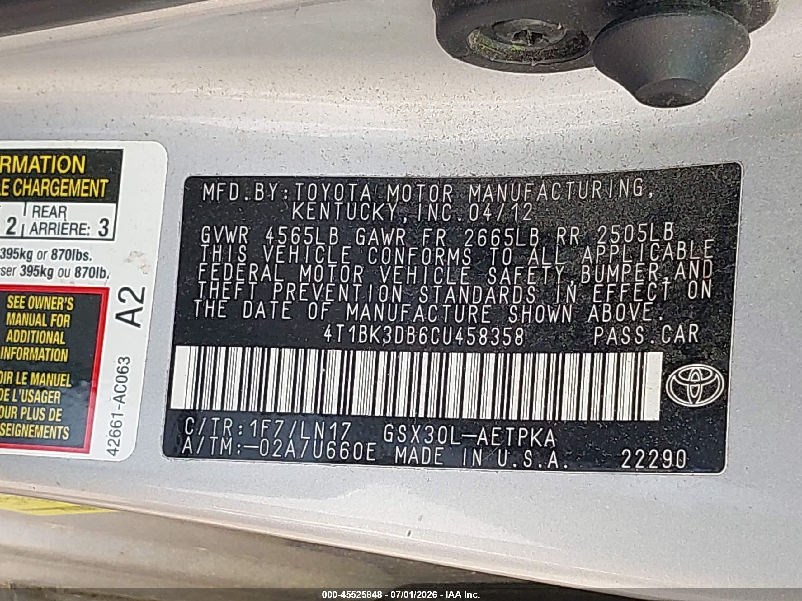 2012 Toyota Avalon Limited Серебряный vin: 4T1BK3DB6CU458358