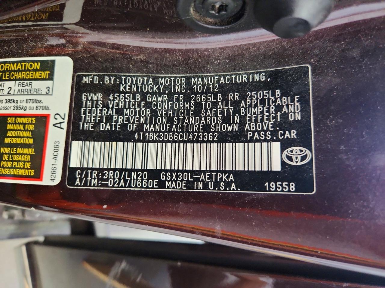 2012 Toyota Avalon Limited Бордовый vin: 4T1BK3DB6CU473362