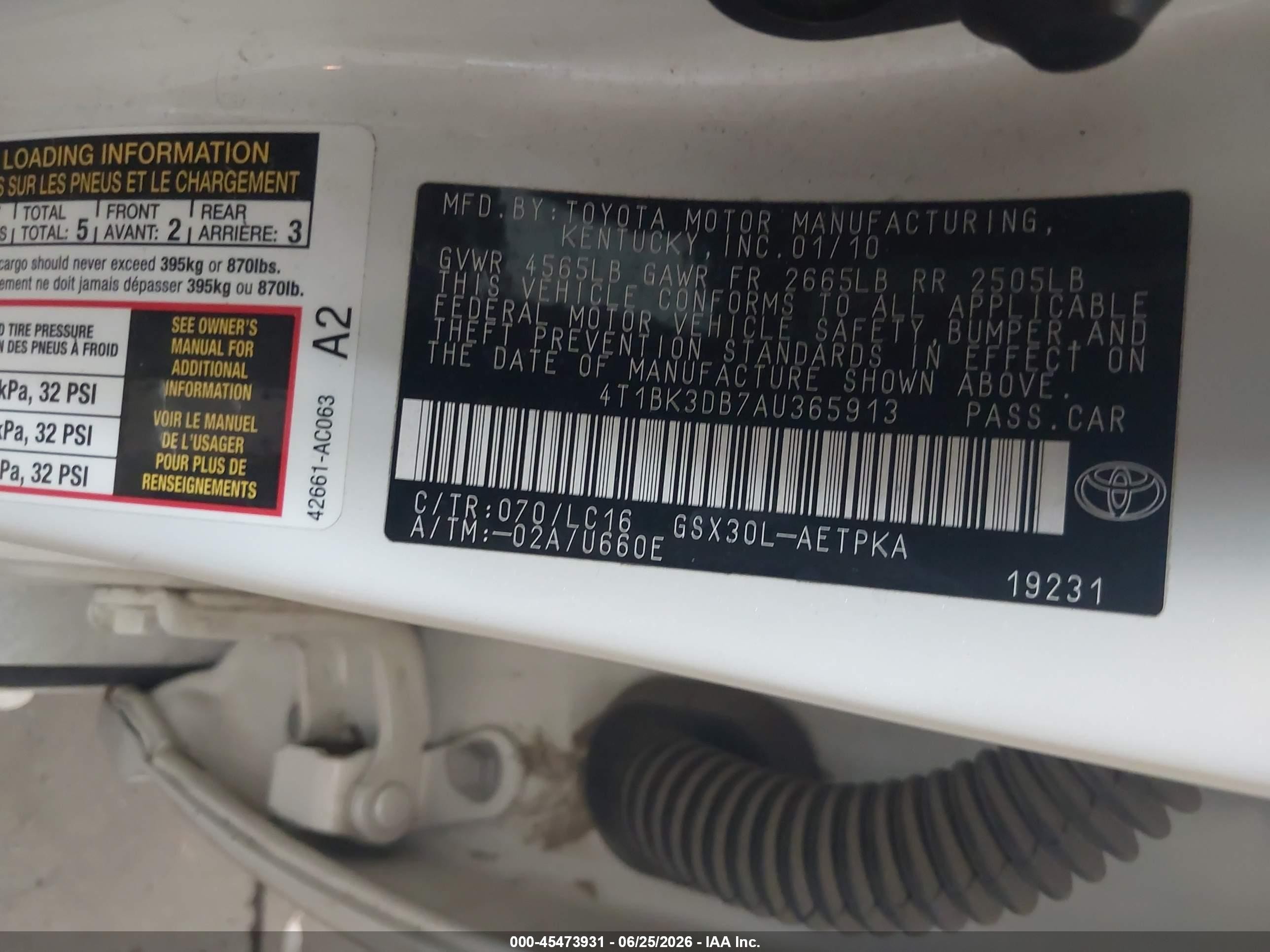 2010 Toyota Avalon Limited White vin: 4T1BK3DB7AU365913
