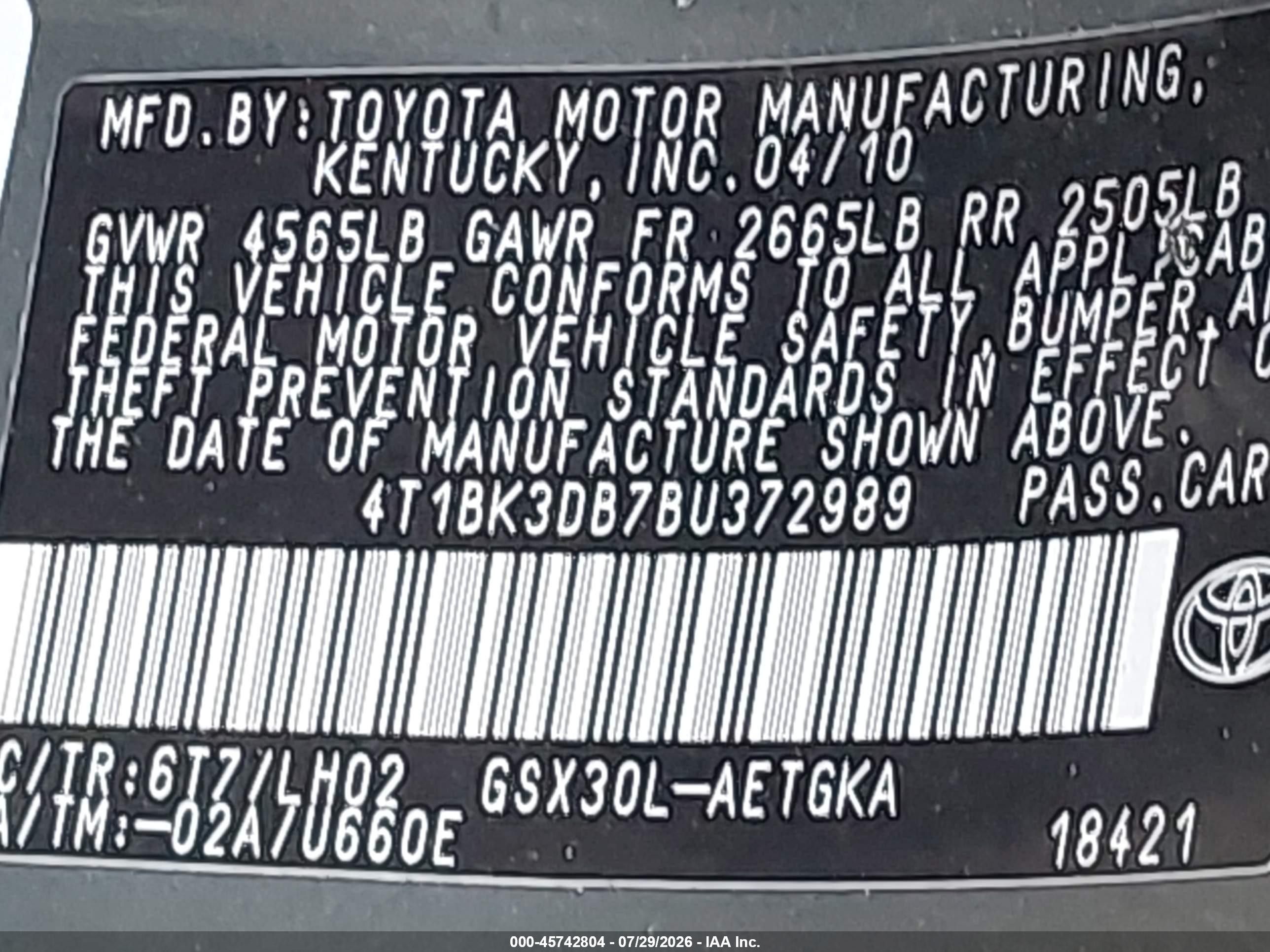 2011 Toyota Avalon   Green vin: 4T1BK3DB7BU372989