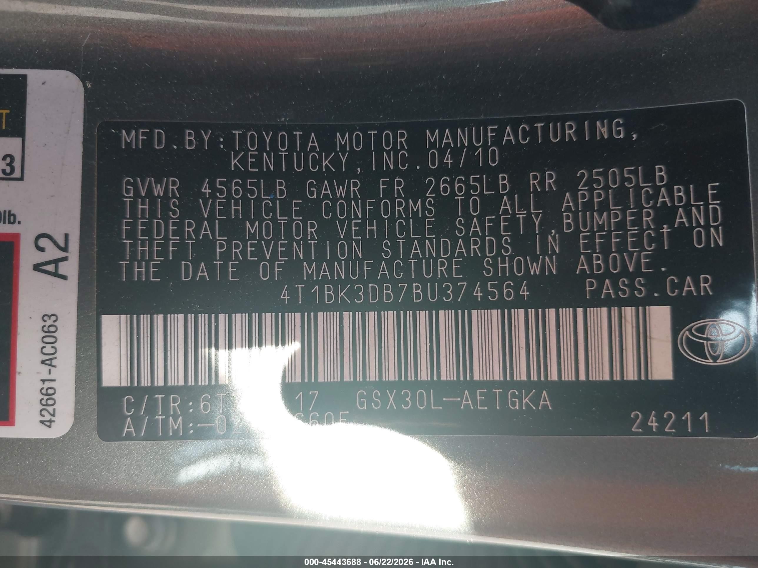 2011 Toyota Avalon   Green vin: 4T1BK3DB7BU374564