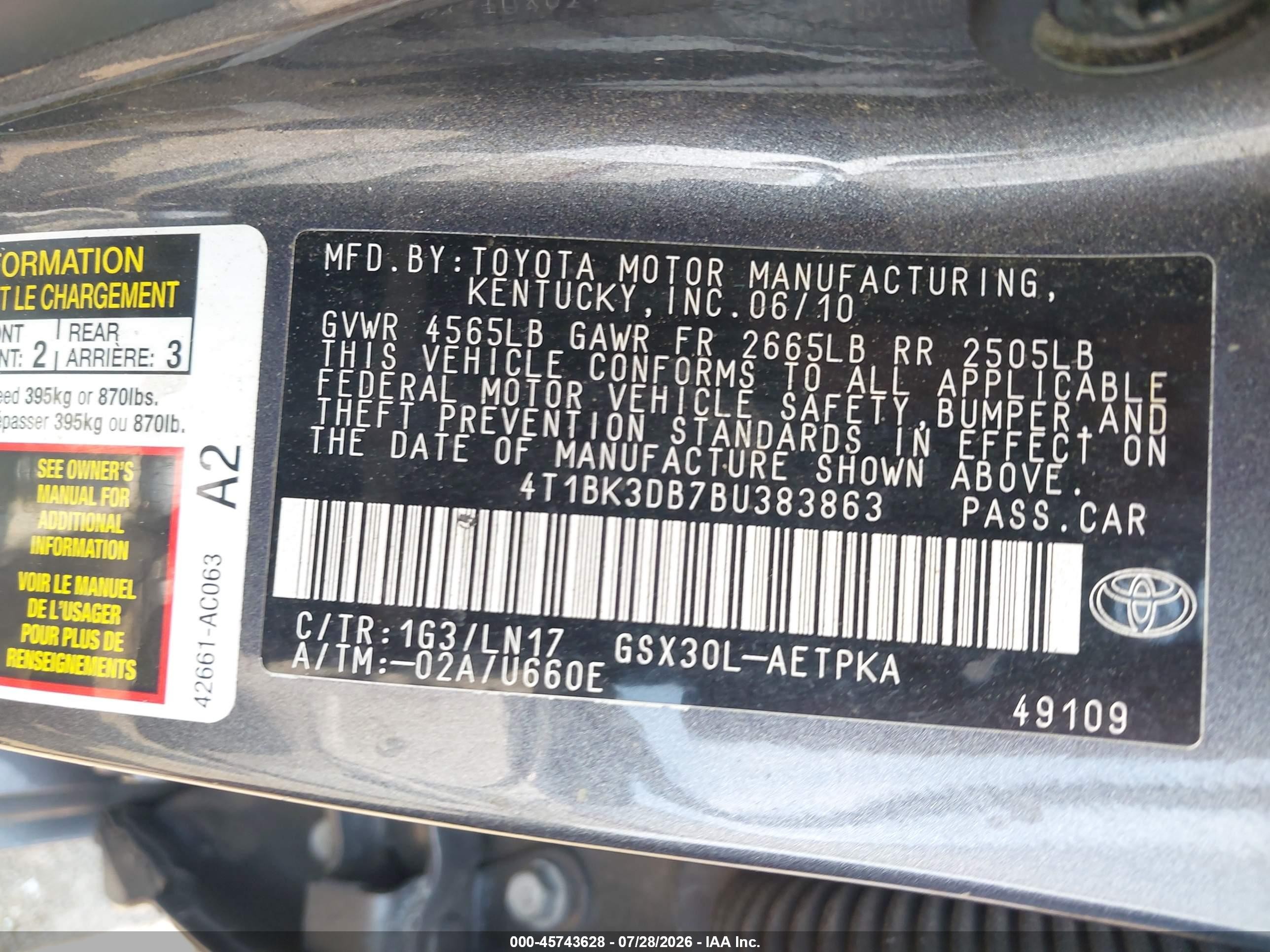 2011 Toyota Avalon Limited Gray vin: 4T1BK3DB7BU383863