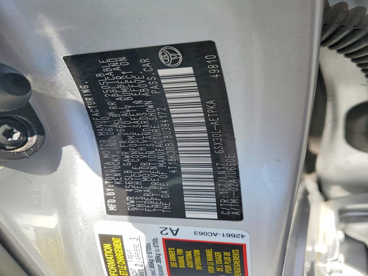 2011 Toyota Avalon Limited Silver vin: 4T1BK3DB7BU384172