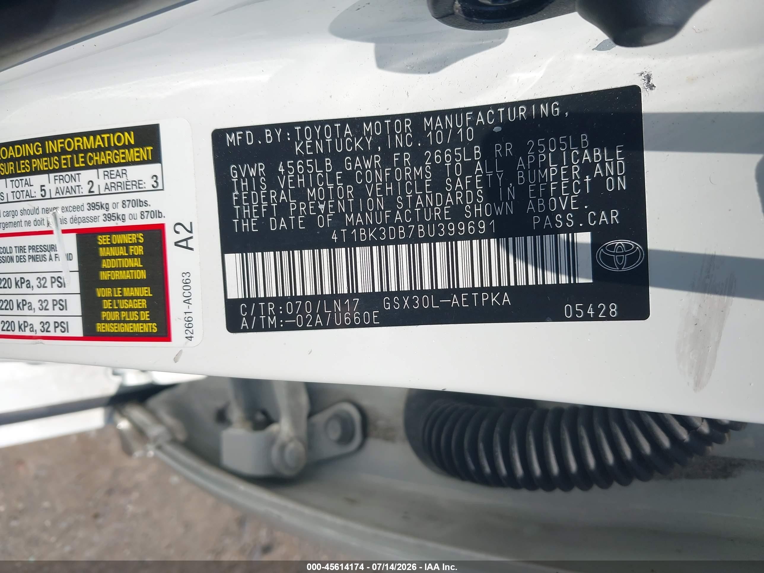 2011 Toyota Avalon Limited White vin: 4T1BK3DB7BU399691