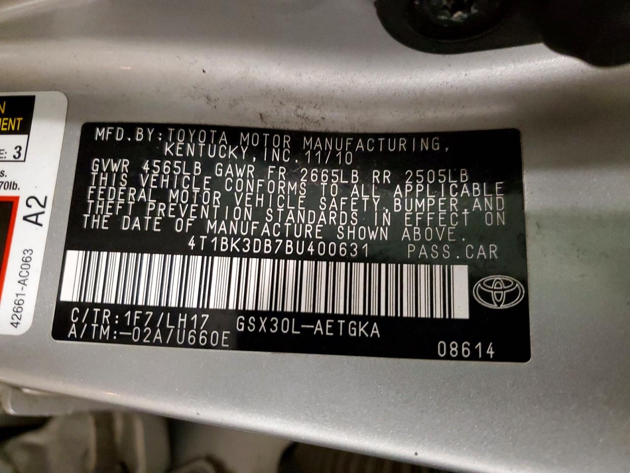 2011 Toyota Avalon Base Silver vin: 4T1BK3DB7BU400631
