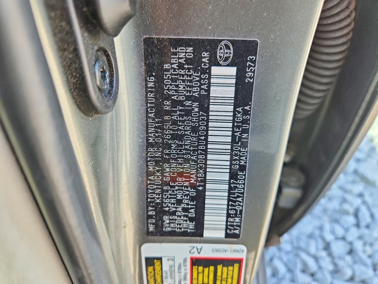 2011 Toyota Avalon Base Green vin: 4T1BK3DB7BU409037