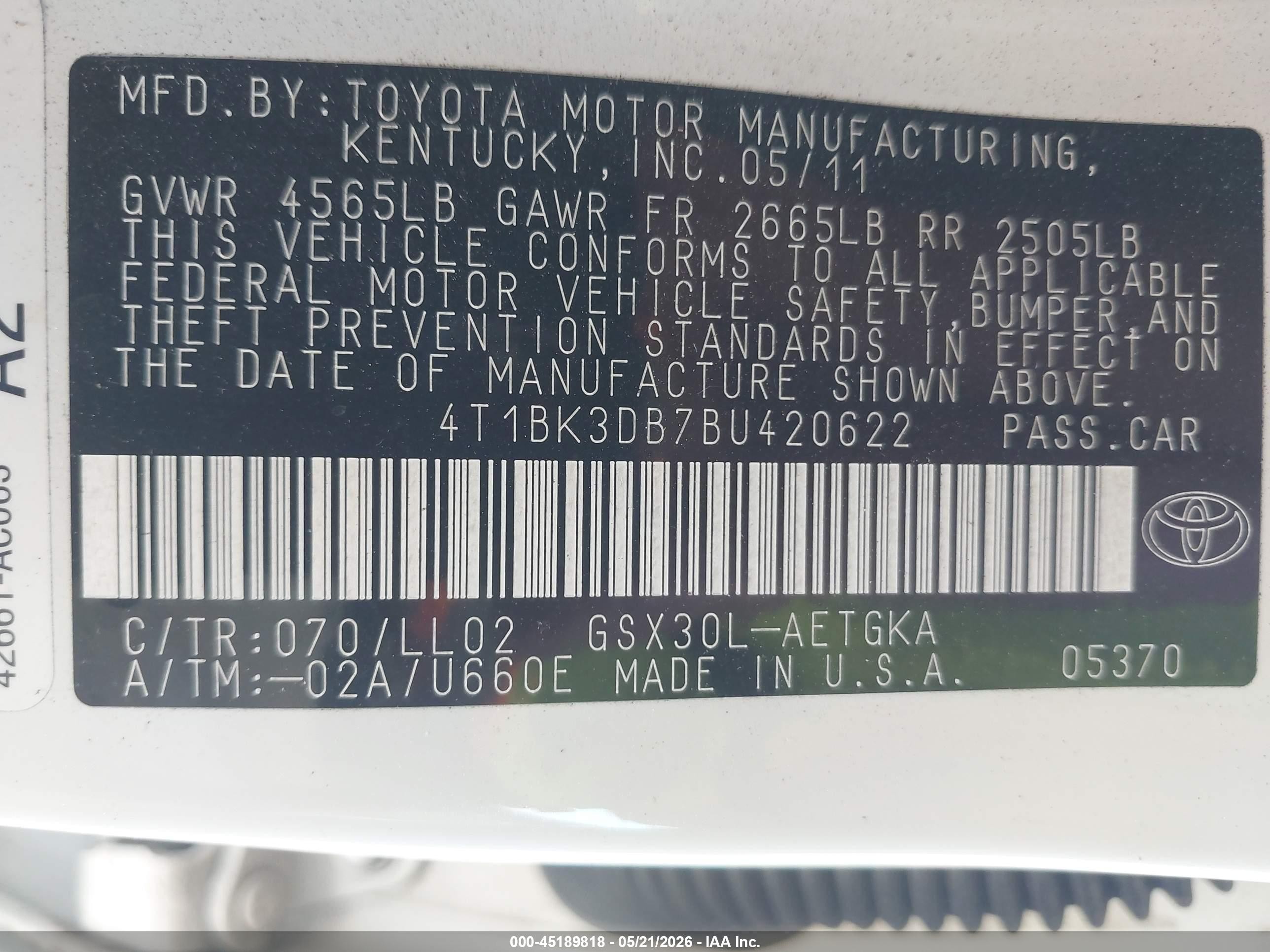 2011 Toyota Avalon   White vin: 4T1BK3DB7BU420622