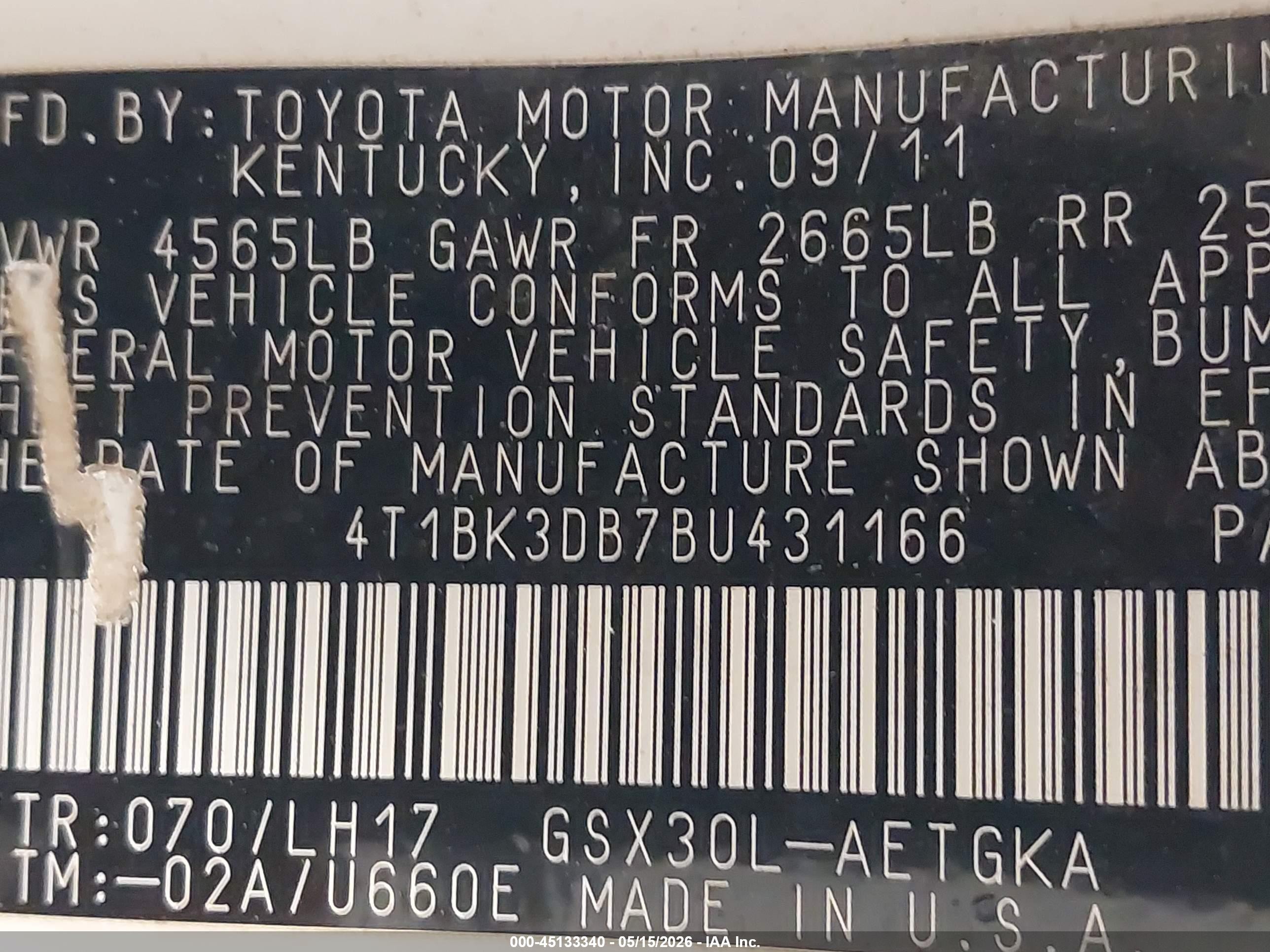 2011 Toyota Avalon   White vin: 4T1BK3DB7BU431166