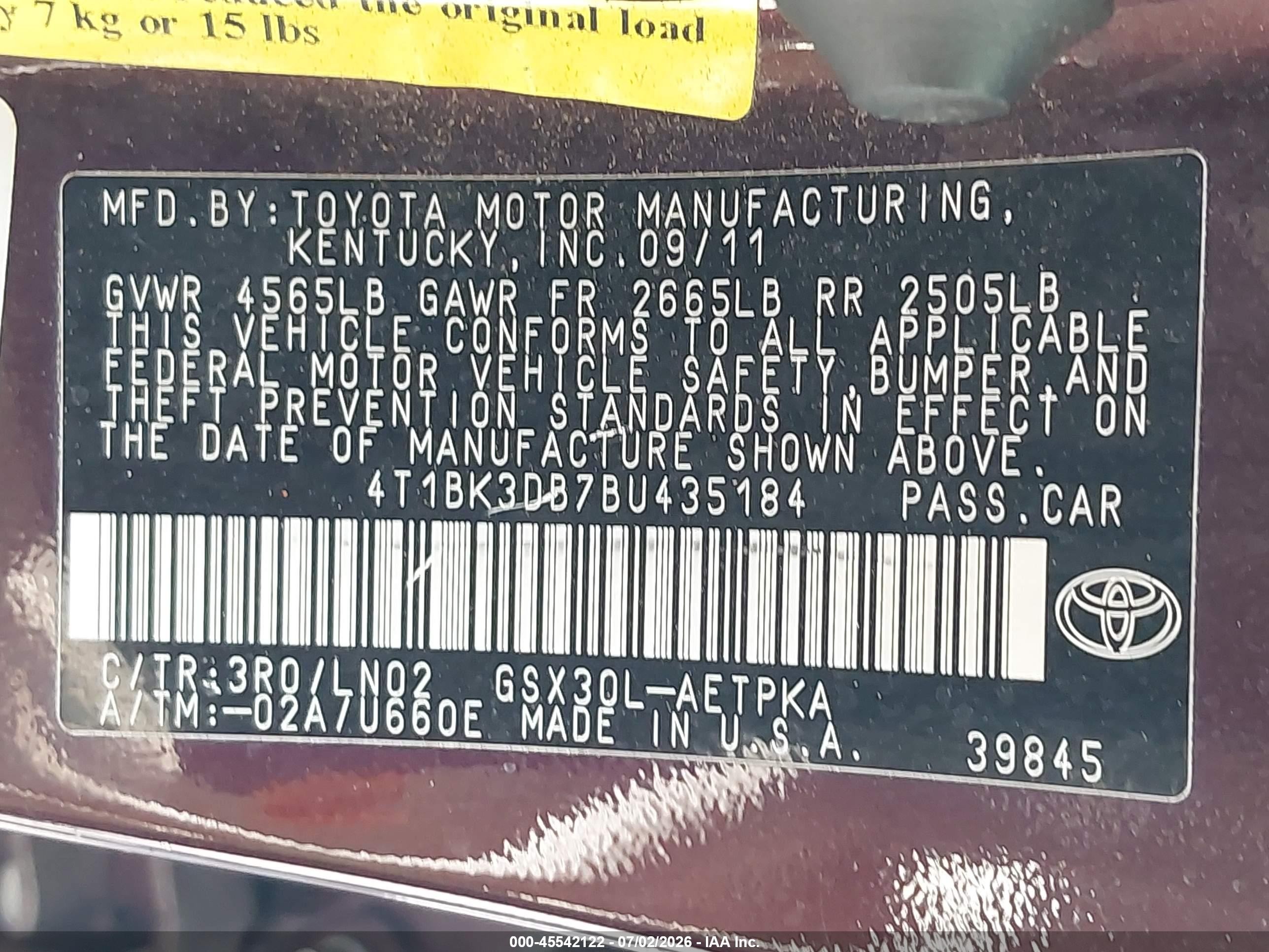 2011 Toyota Avalon Limited Burgundy vin: 4T1BK3DB7BU435184
