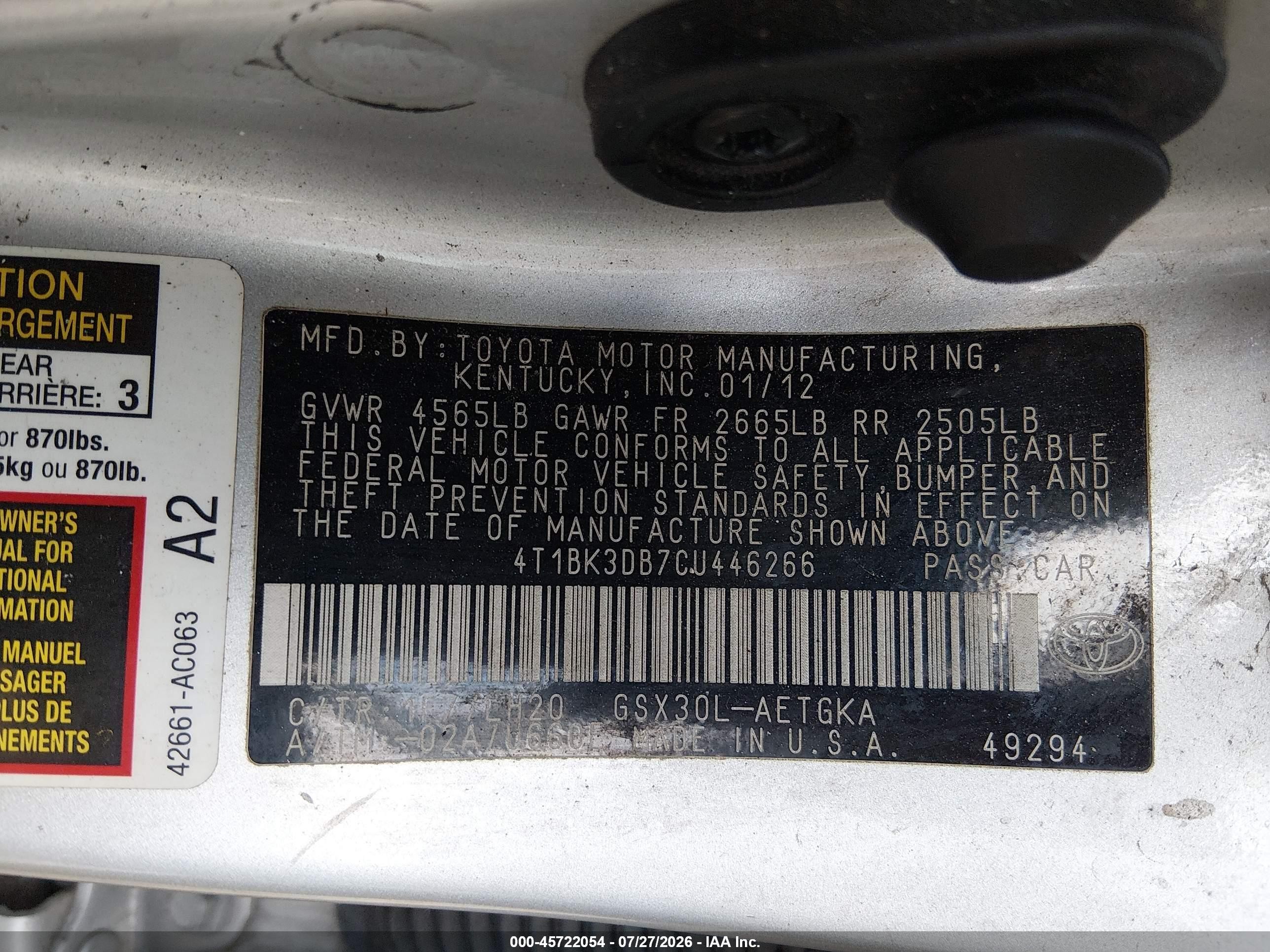 2012 Toyota Avalon   Silver vin: 4T1BK3DB7CU446266