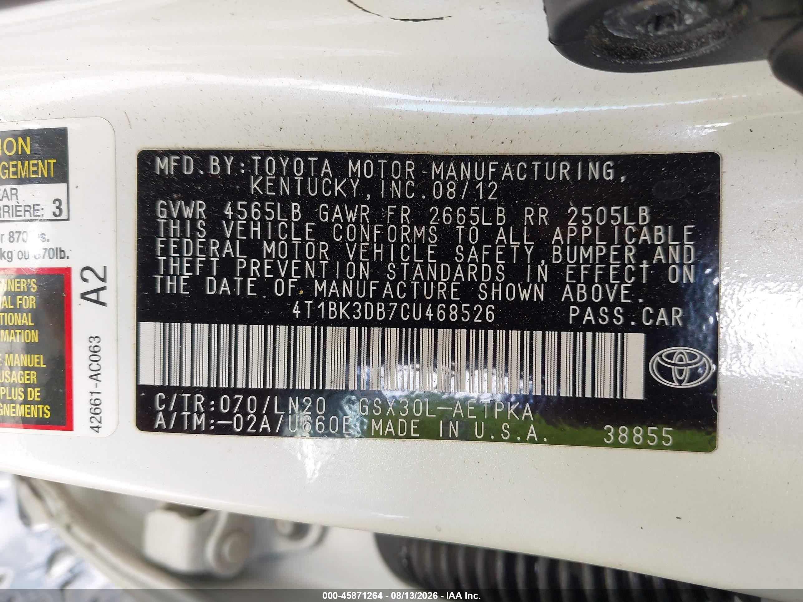 2012 Toyota Avalon Limited White vin: 4T1BK3DB7CU468526