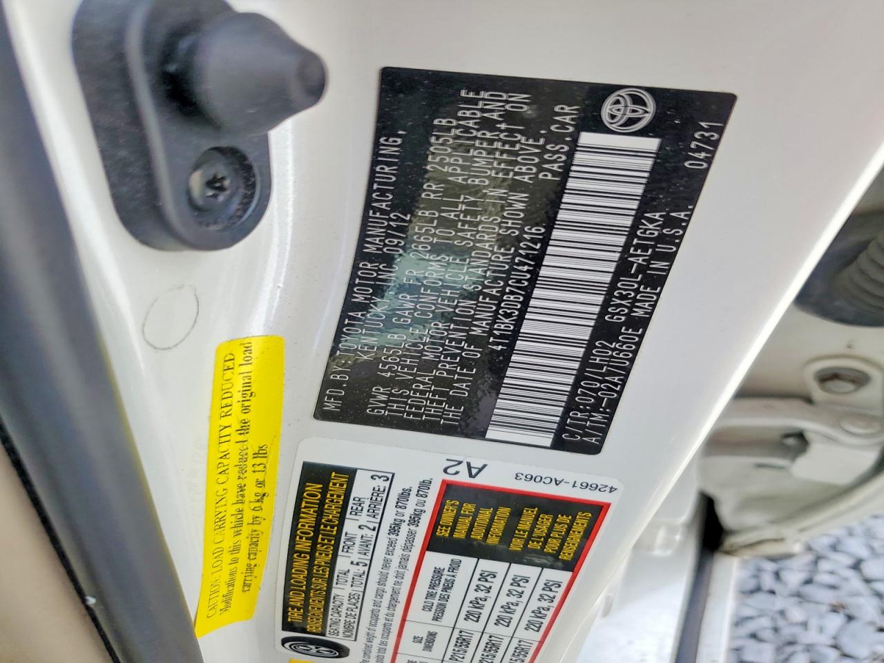 2012 Toyota Avalon Base White vin: 4T1BK3DB7CU471216