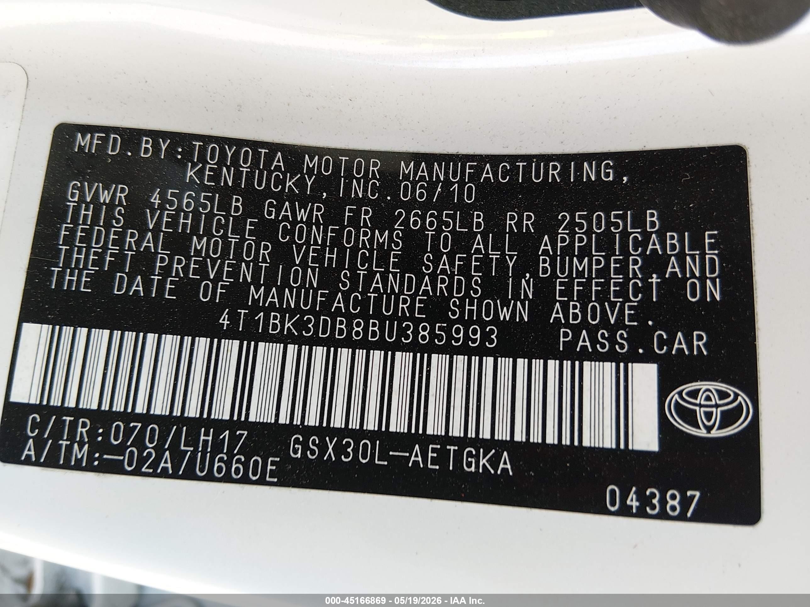 2011 Toyota Avalon   White vin: 4T1BK3DB8BU385993
