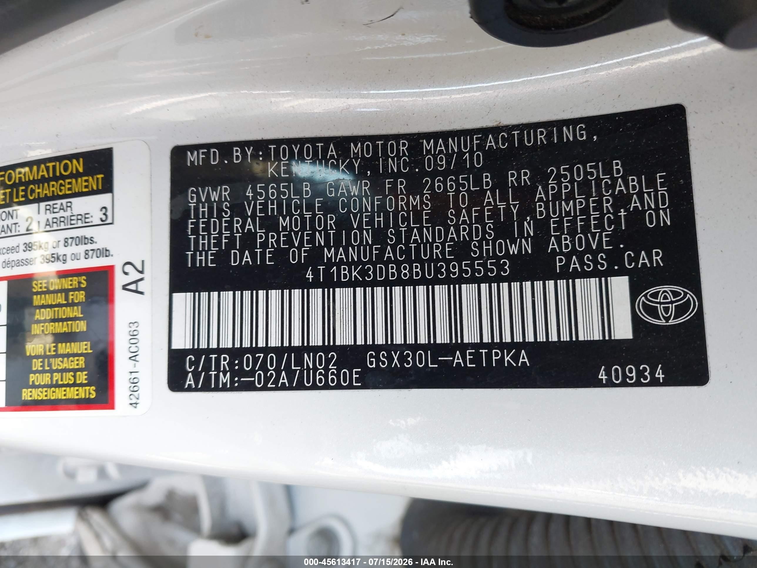 2011 Toyota Avalon Limited White vin: 4T1BK3DB8BU395553