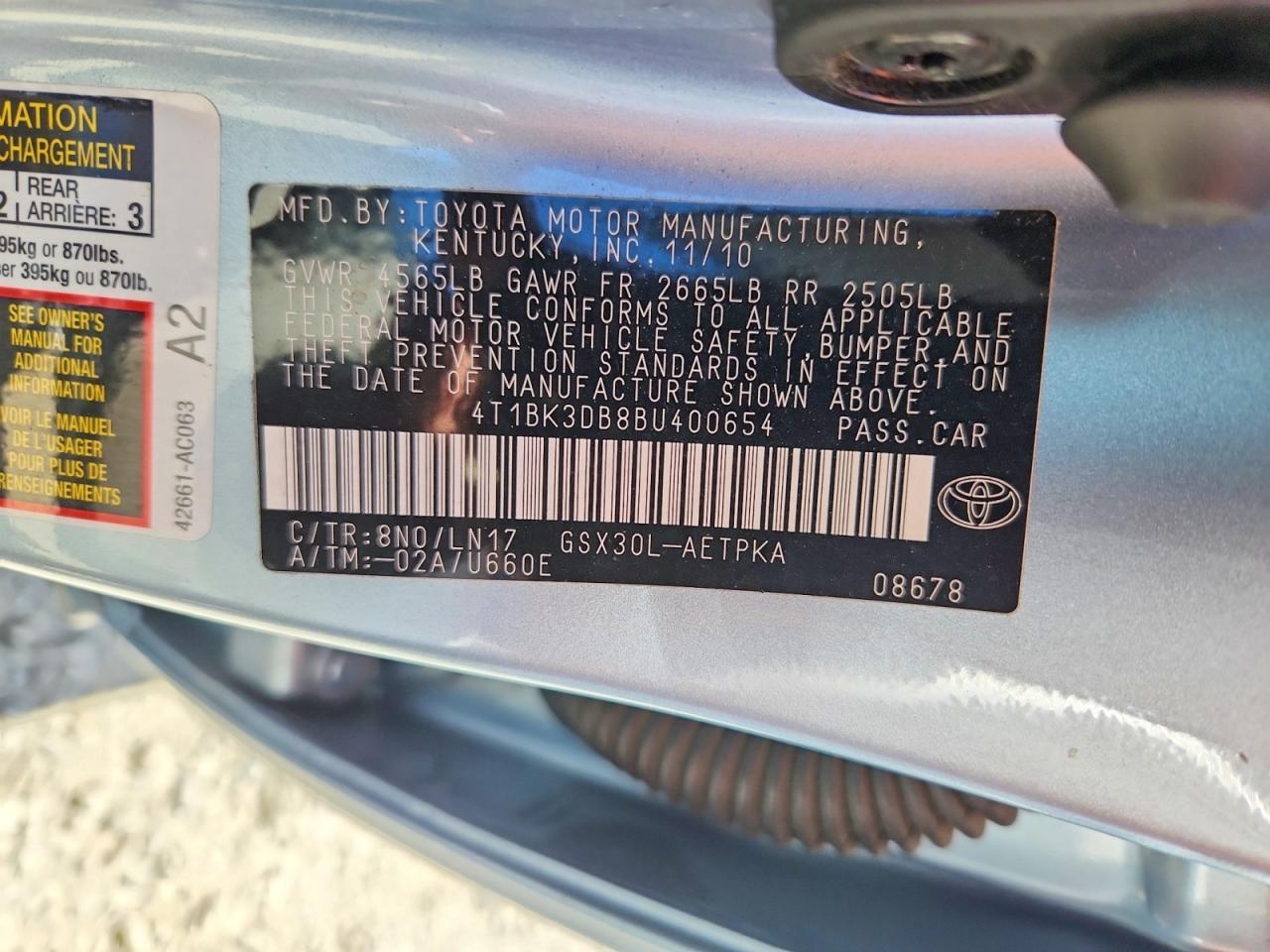 2011 Toyota Avalon Limited Turquoise vin: 4T1BK3DB8BU400654