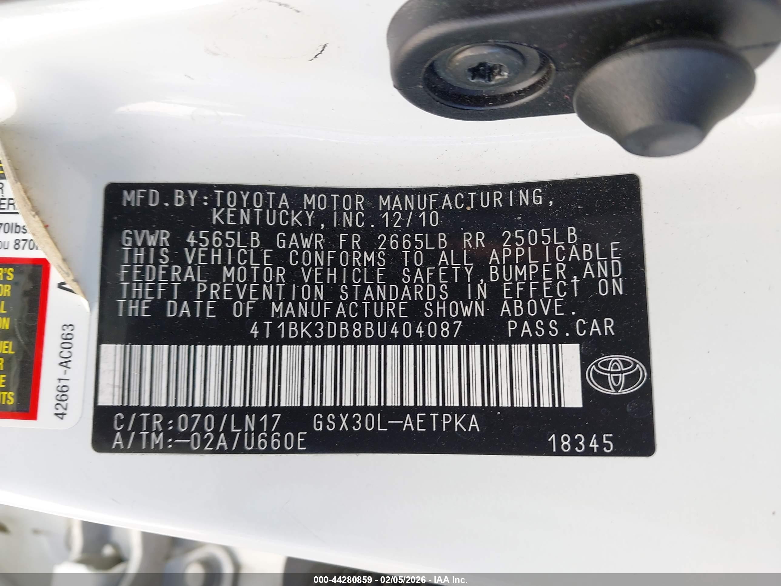 2011 Toyota Avalon Limited White vin: 4T1BK3DB8BU404087