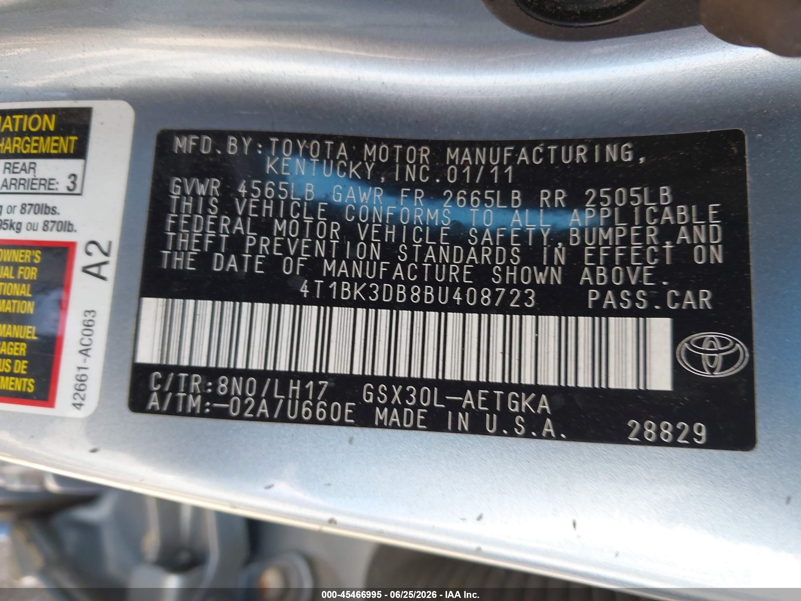 2011 Toyota Avalon   Blue vin: 4T1BK3DB8BU408723