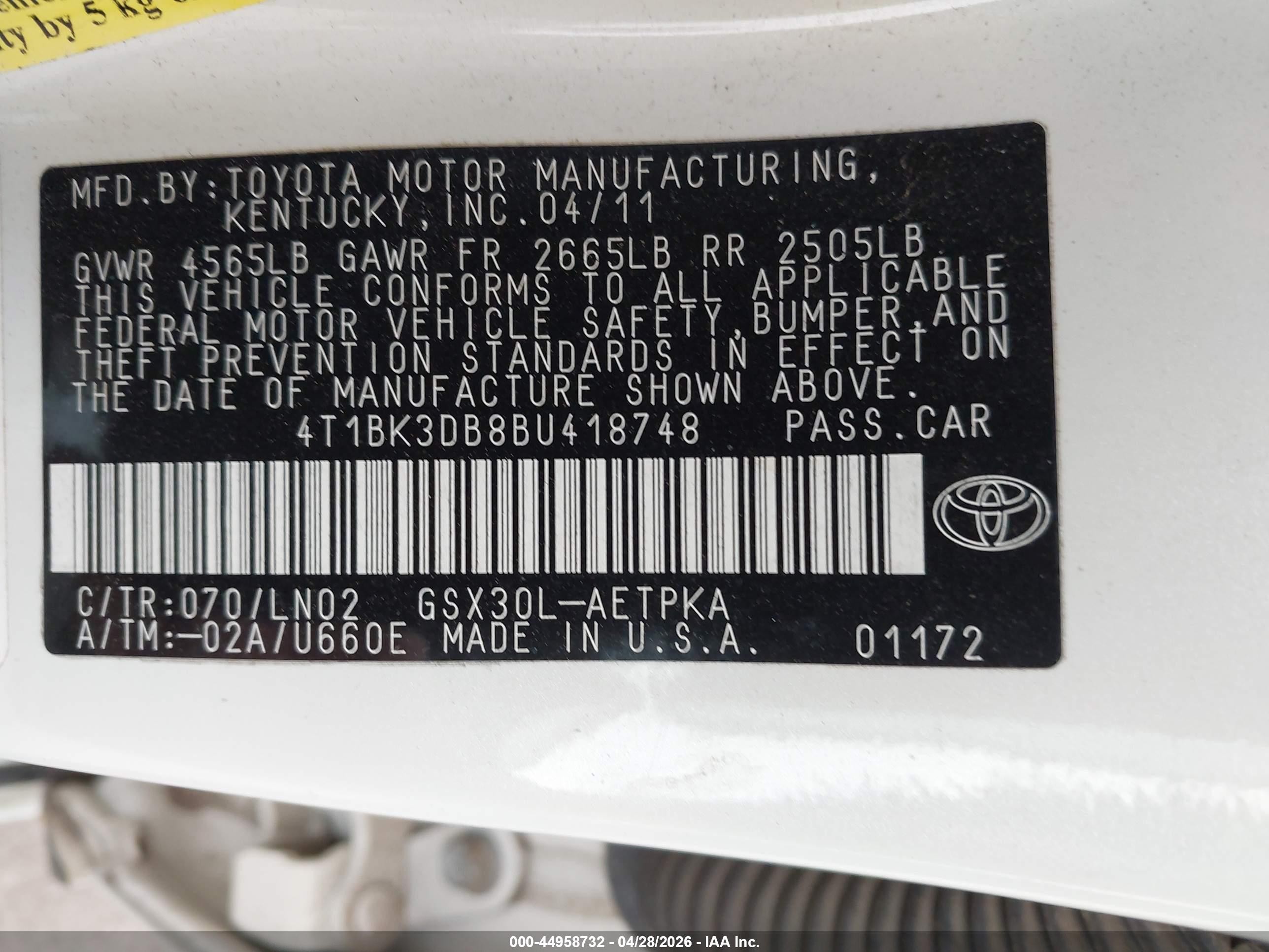 2011 Toyota Avalon Limited White vin: 4T1BK3DB8BU418748