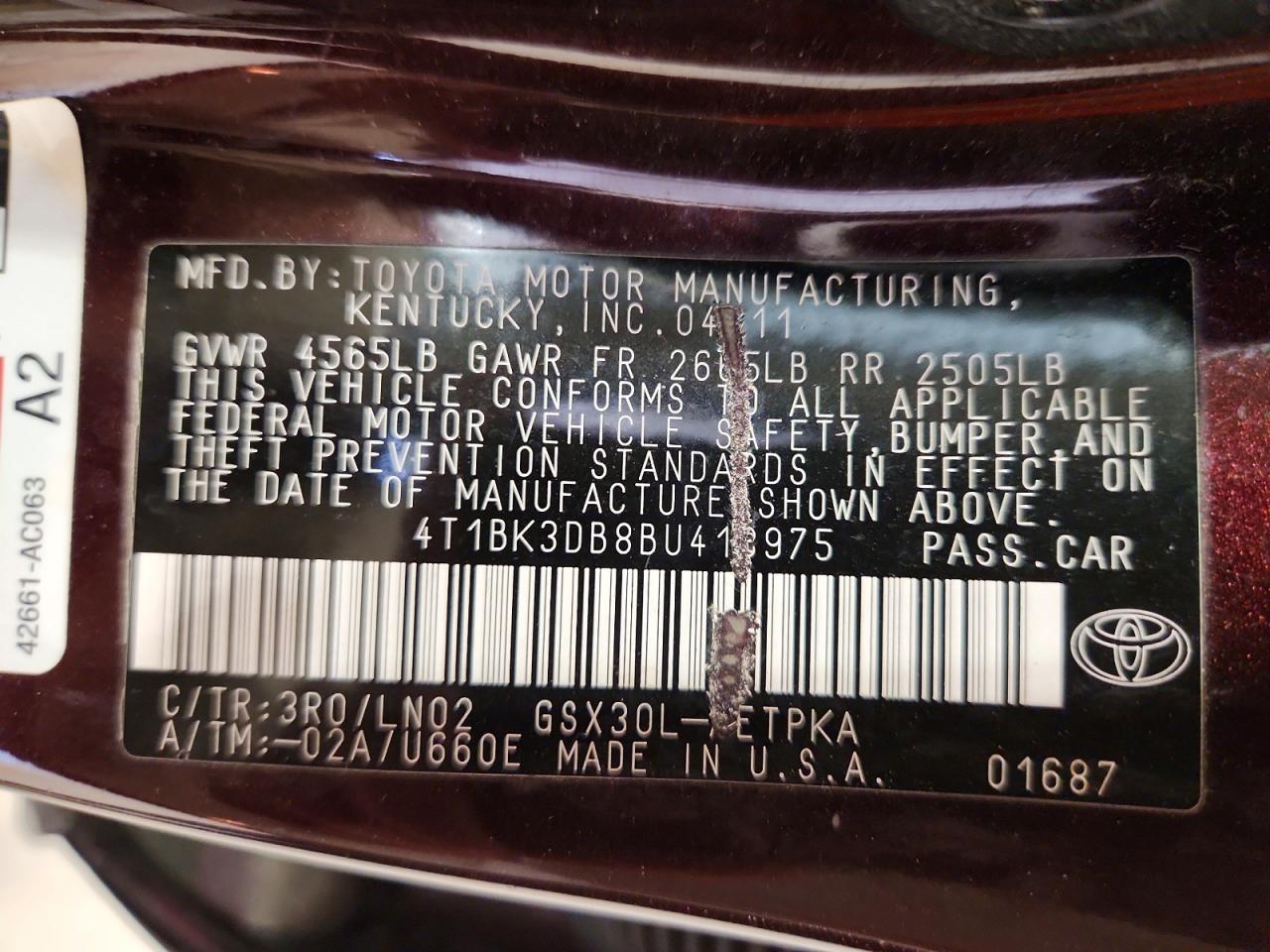2011 Toyota Avalon Limited Бордовый vin: 4T1BK3DB8BU418975