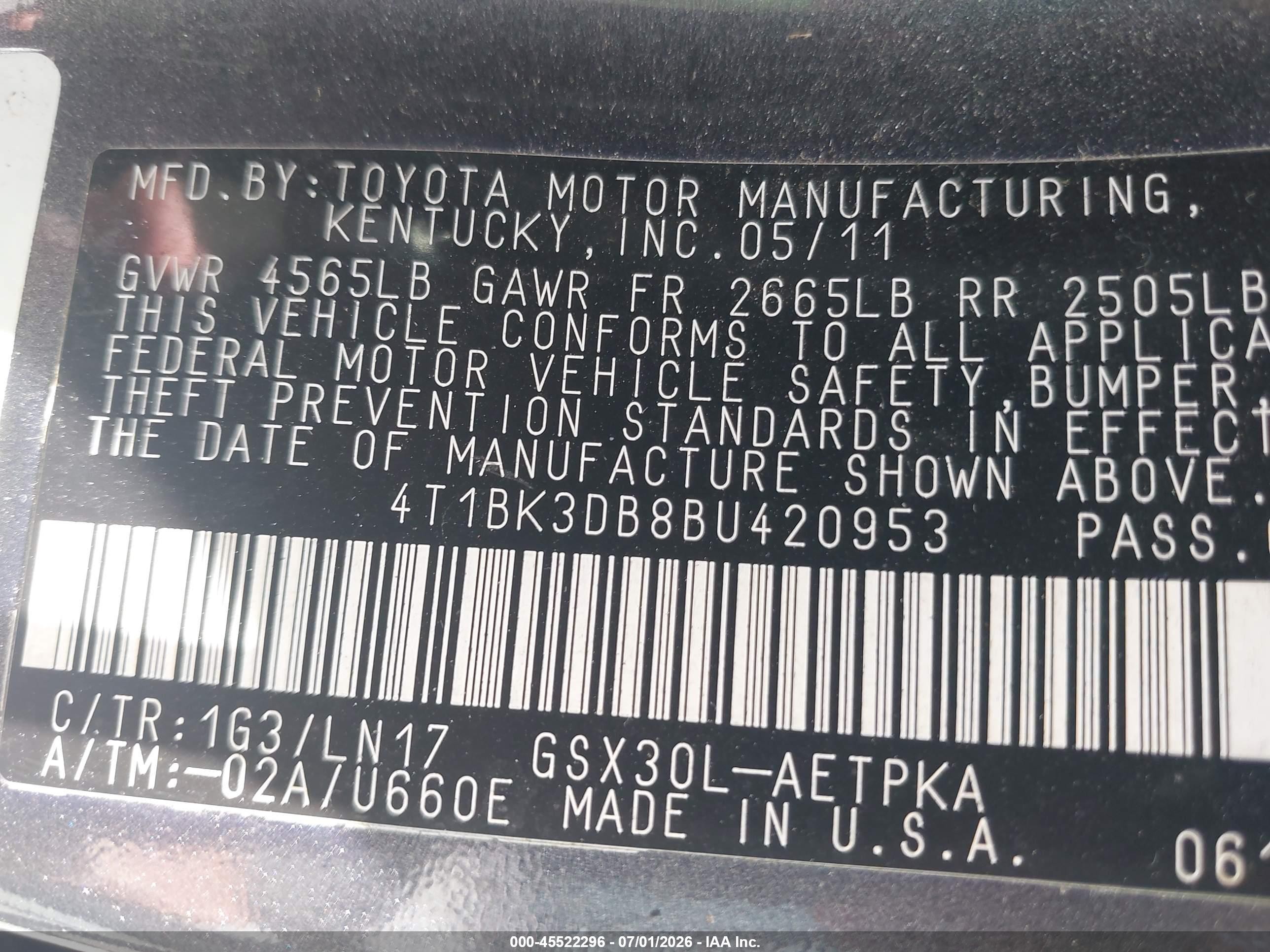 2011 Toyota Avalon Limited Gray vin: 4T1BK3DB8BU420953