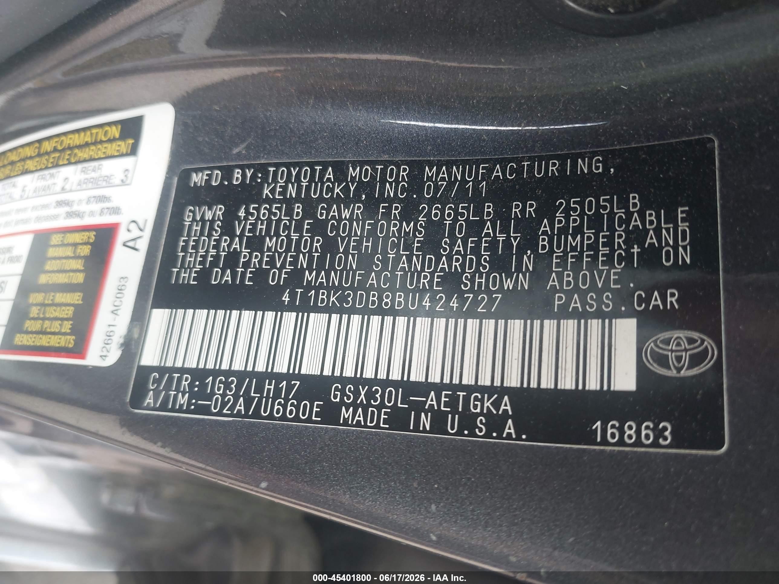 2011 Toyota Avalon   Gray vin: 4T1BK3DB8BU424727