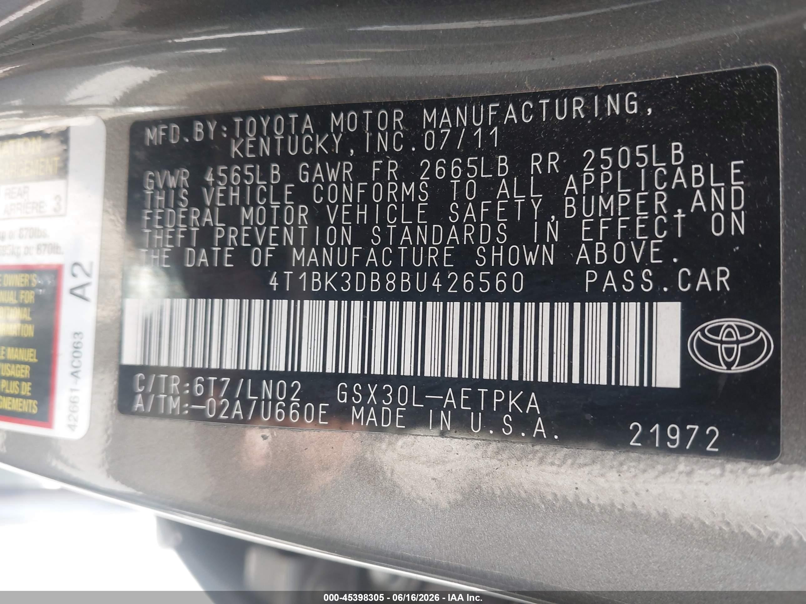 2011 Toyota Avalon Limited Зеленый vin: 4T1BK3DB8BU426560