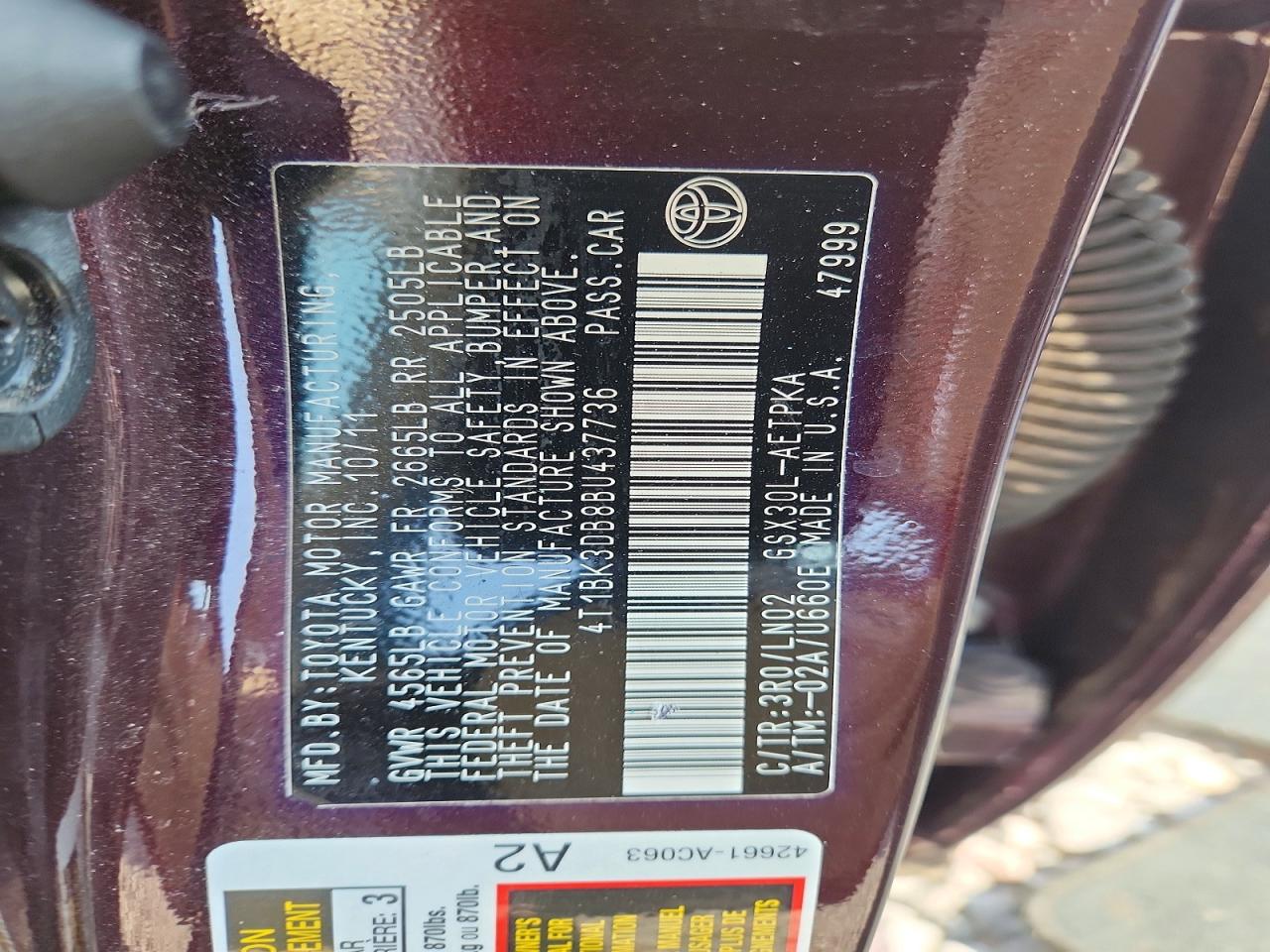 2011 Toyota Avalon Limited Maroon vin: 4T1BK3DB8BU437736