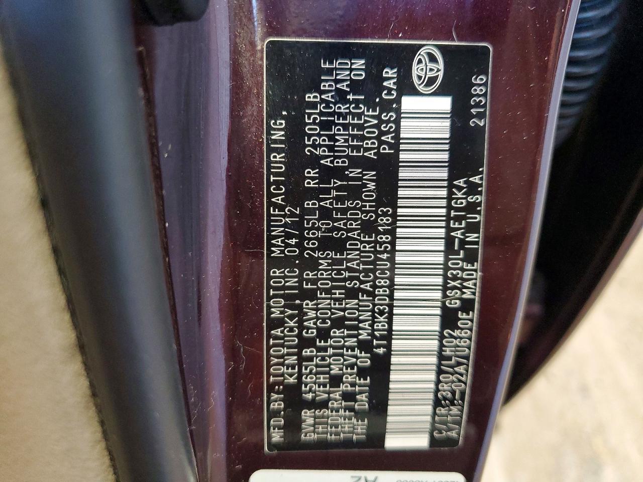 2012 Toyota Avalon Base Purple vin: 4T1BK3DB8CU458183