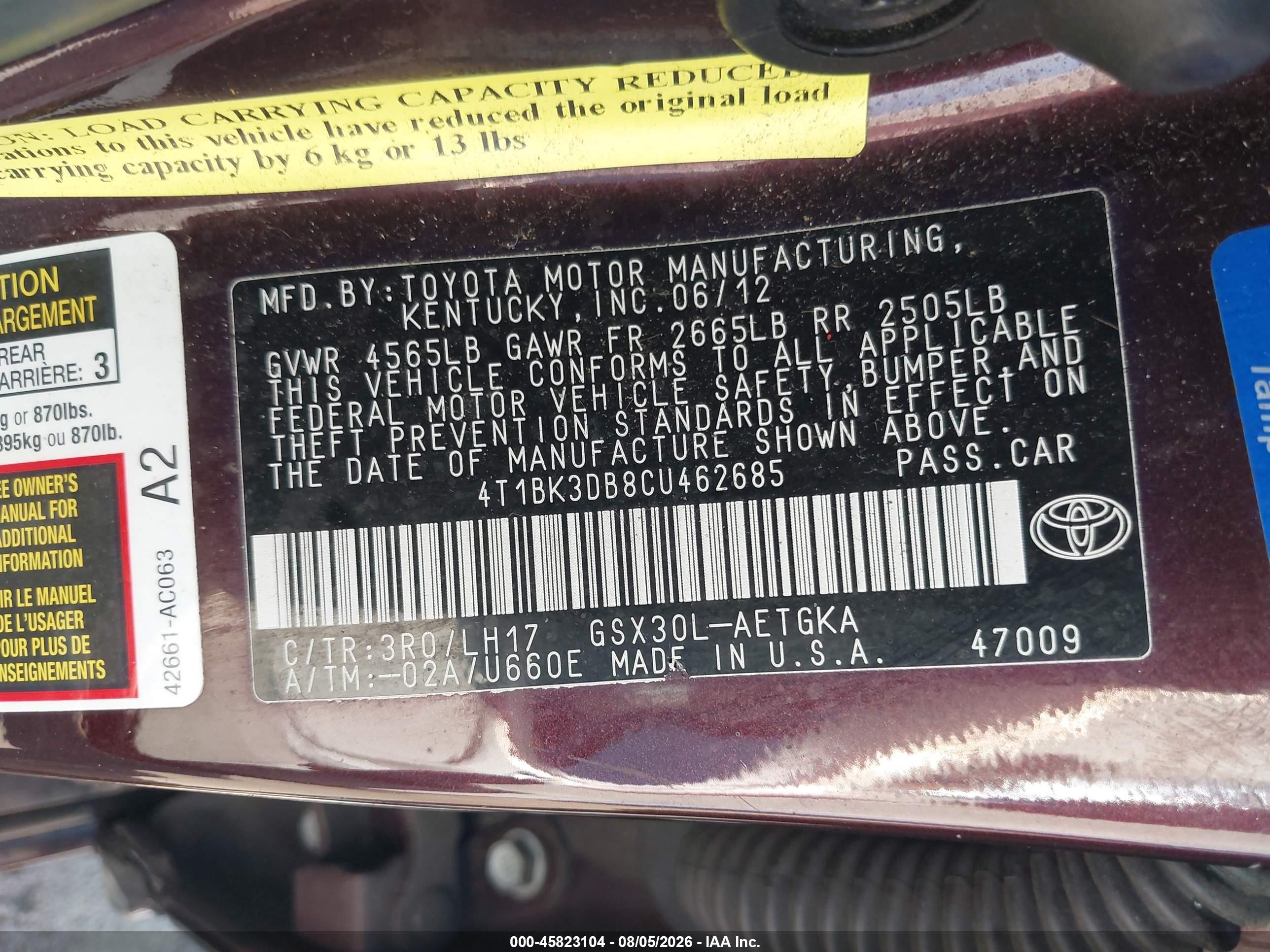 2012 Toyota Avalon   Maroon vin: 4T1BK3DB8CU462685