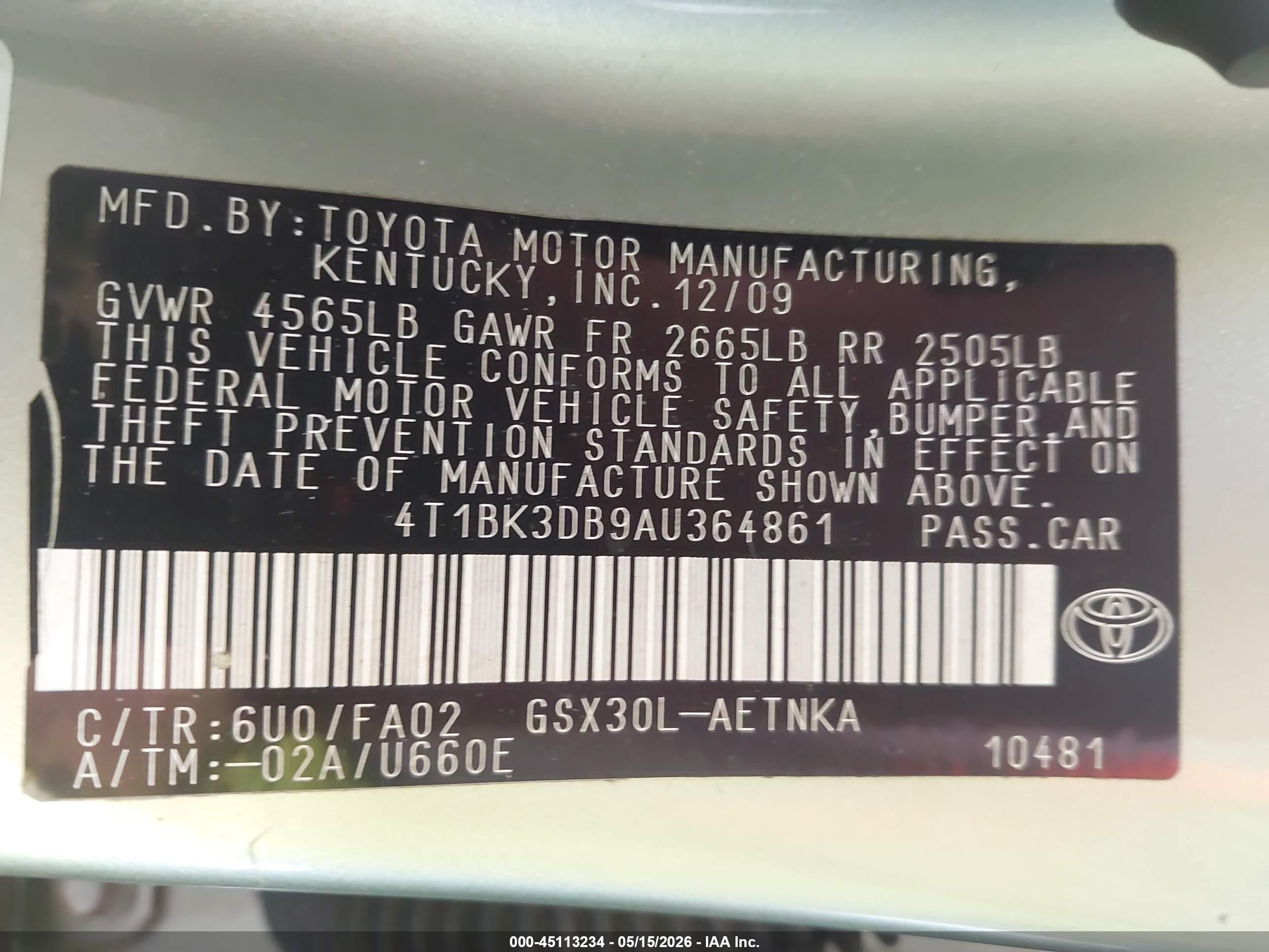 2010 Toyota Avalon Xl Green vin: 4T1BK3DB9AU364861