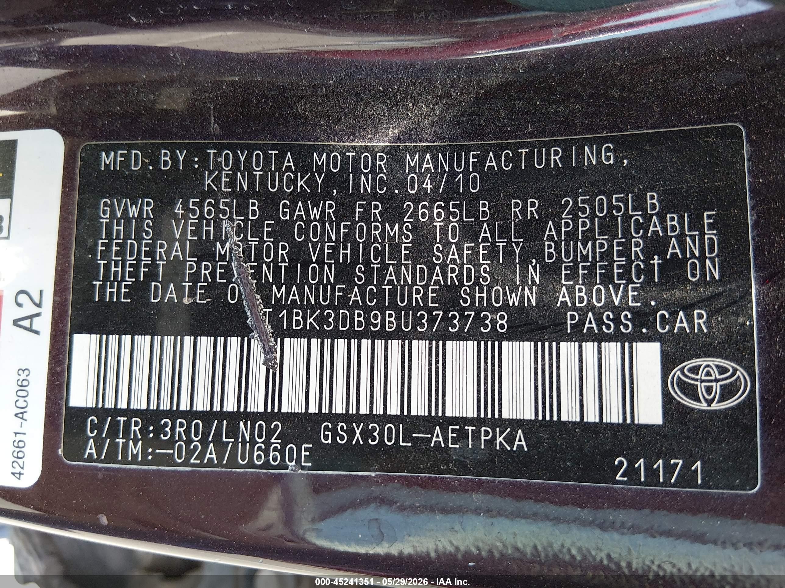 2011 Toyota Avalon Limited Burgundy vin: 4T1BK3DB9BU373738
