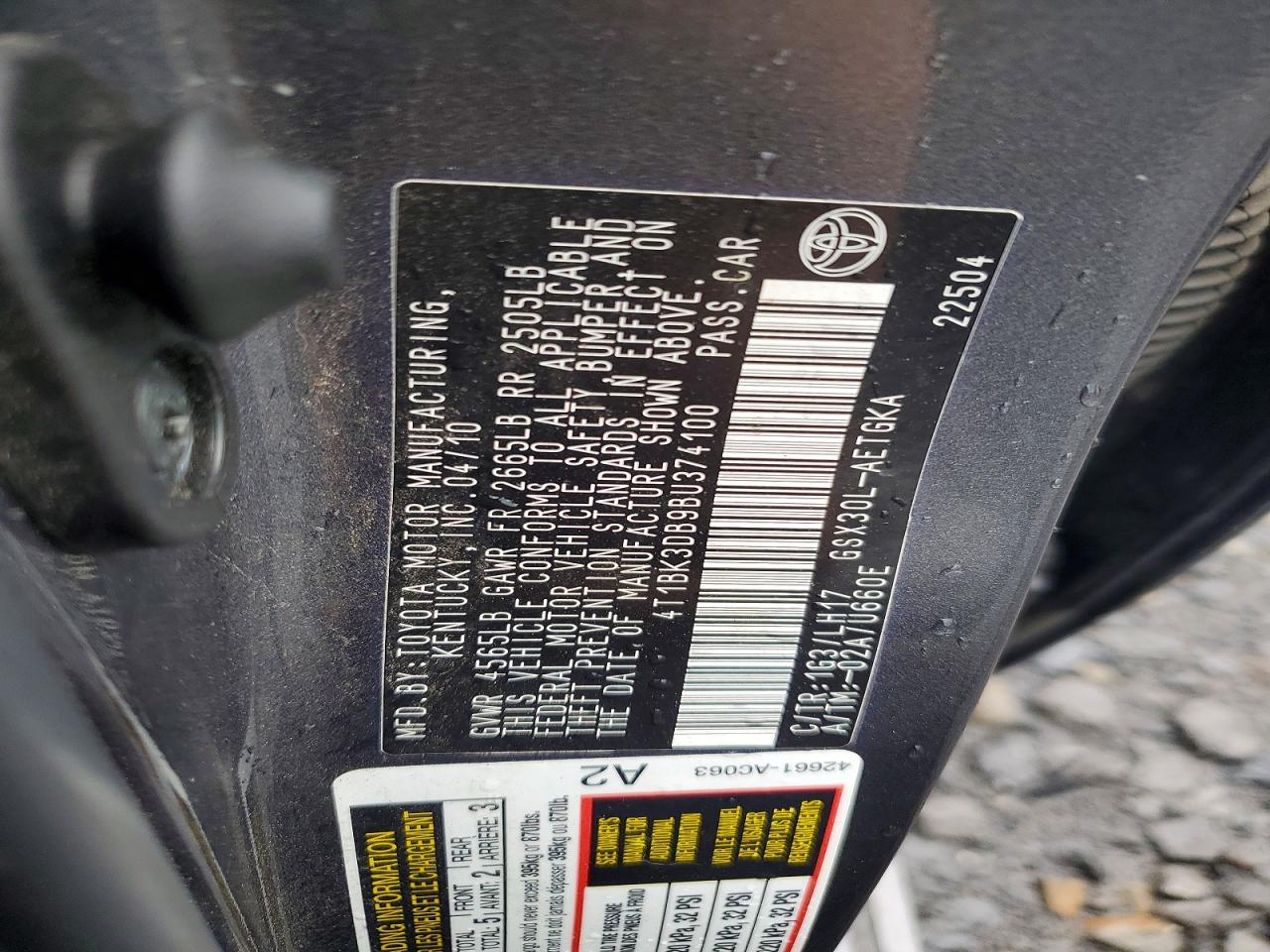 2011 Toyota Avalon Base Charcoal vin: 4T1BK3DB9BU374100