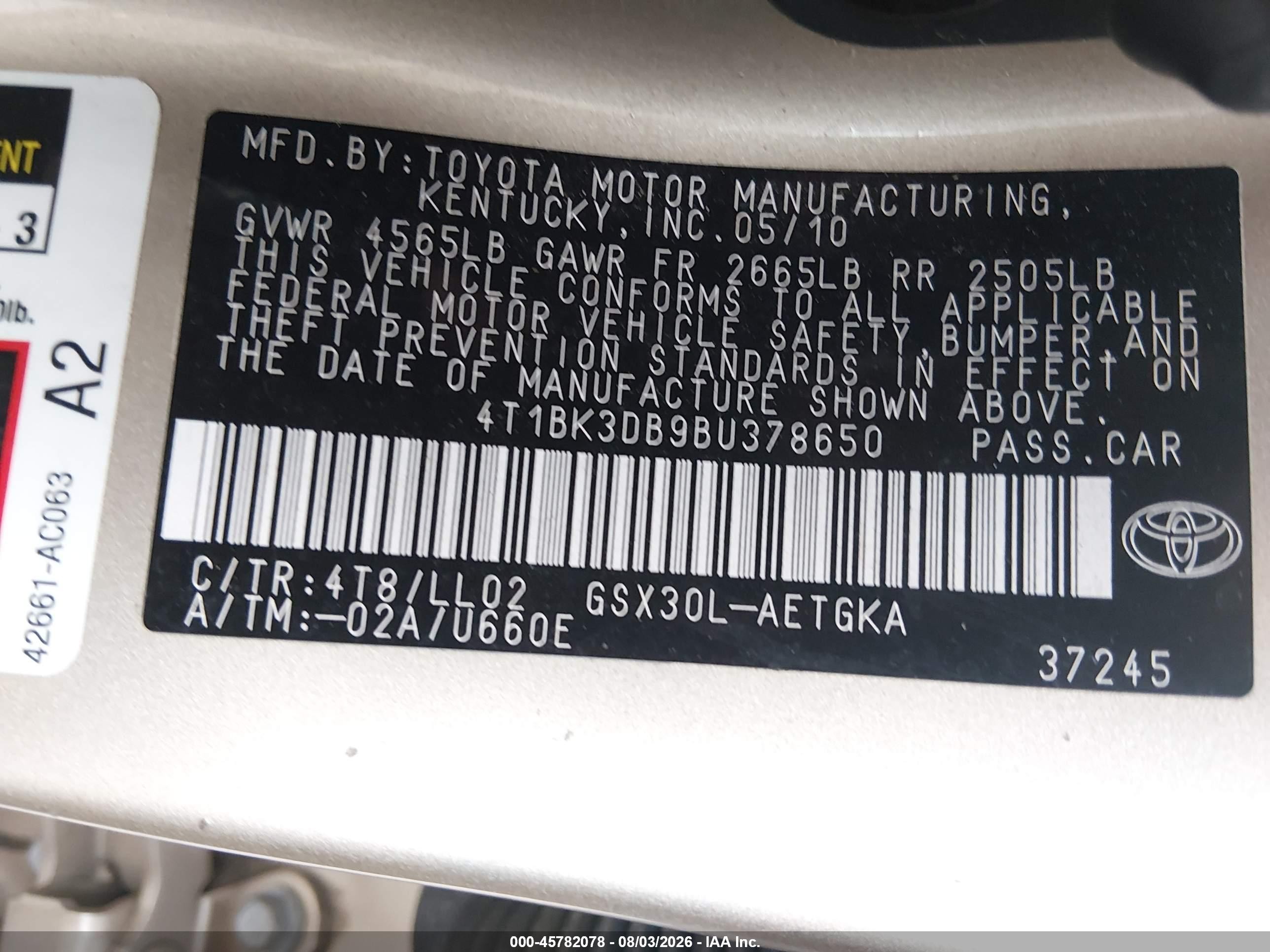 2011 Toyota Avalon   Champagne vin: 4T1BK3DB9BU378650