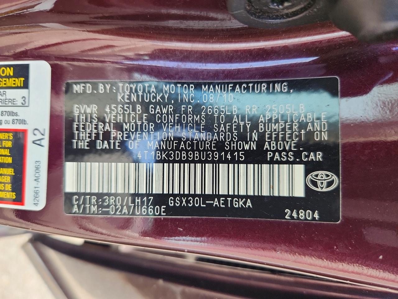 2011 Toyota Avalon Base Burgundy vin: 4T1BK3DB9BU391415