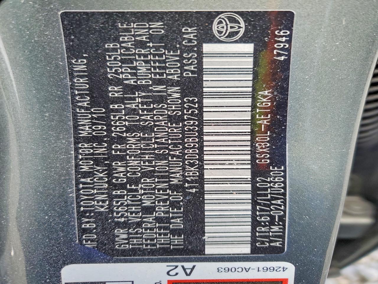 2011 Toyota Avalon Base Gray vin: 4T1BK3DB9BU397523