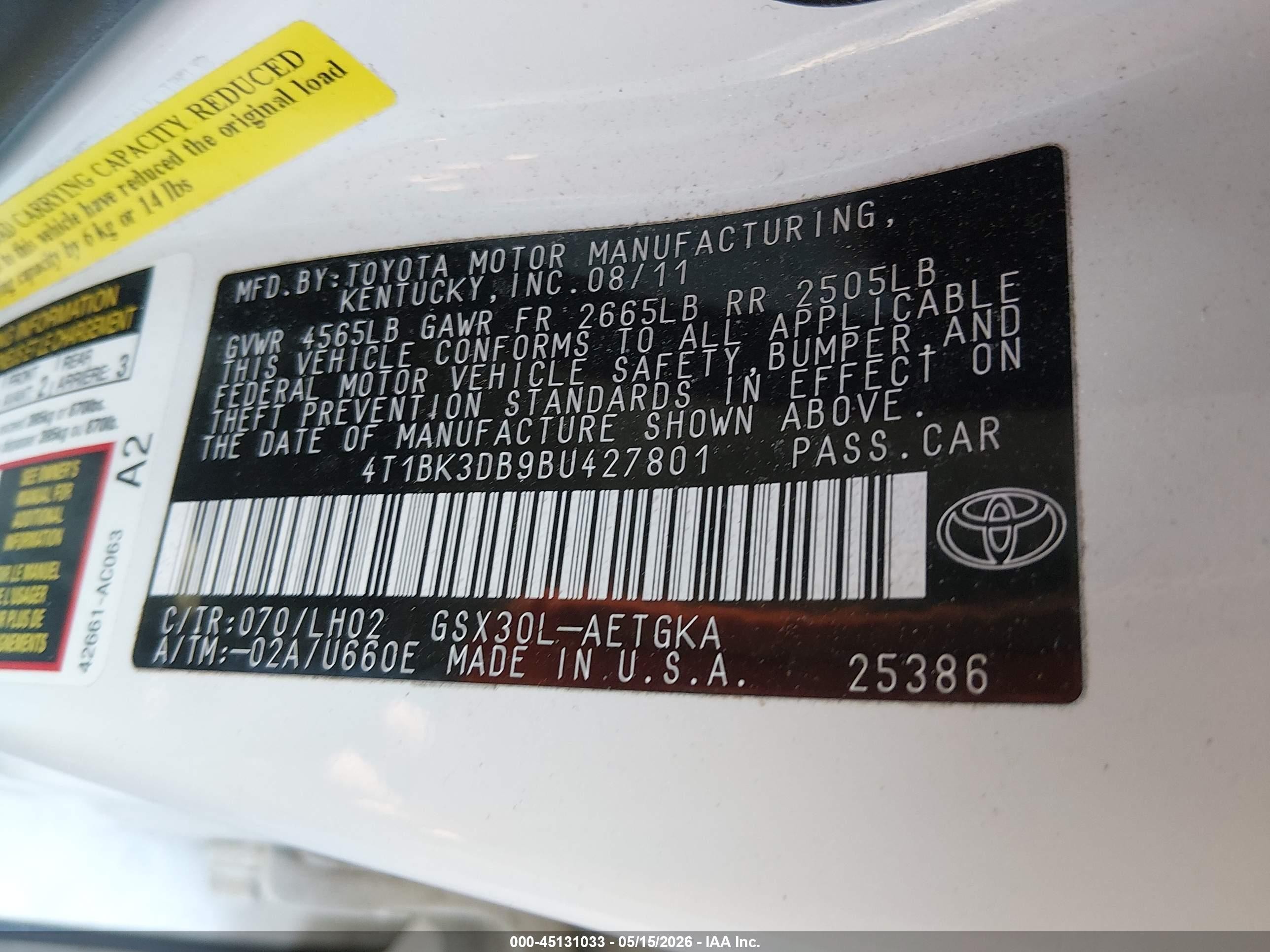 2011 Toyota Avalon   White vin: 4T1BK3DB9BU427801