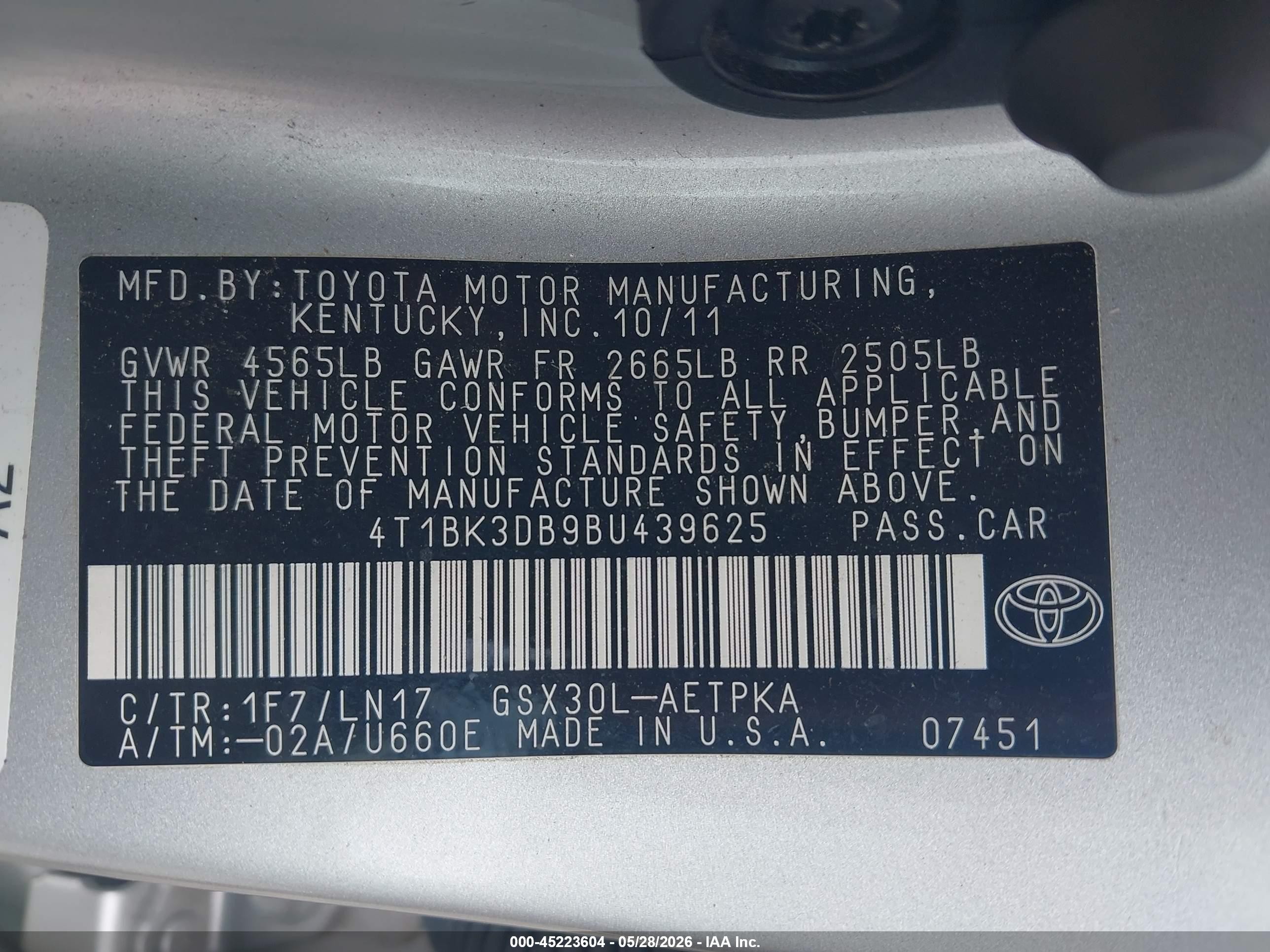 2011 Toyota Avalon Limited Silver vin: 4T1BK3DB9BU439625