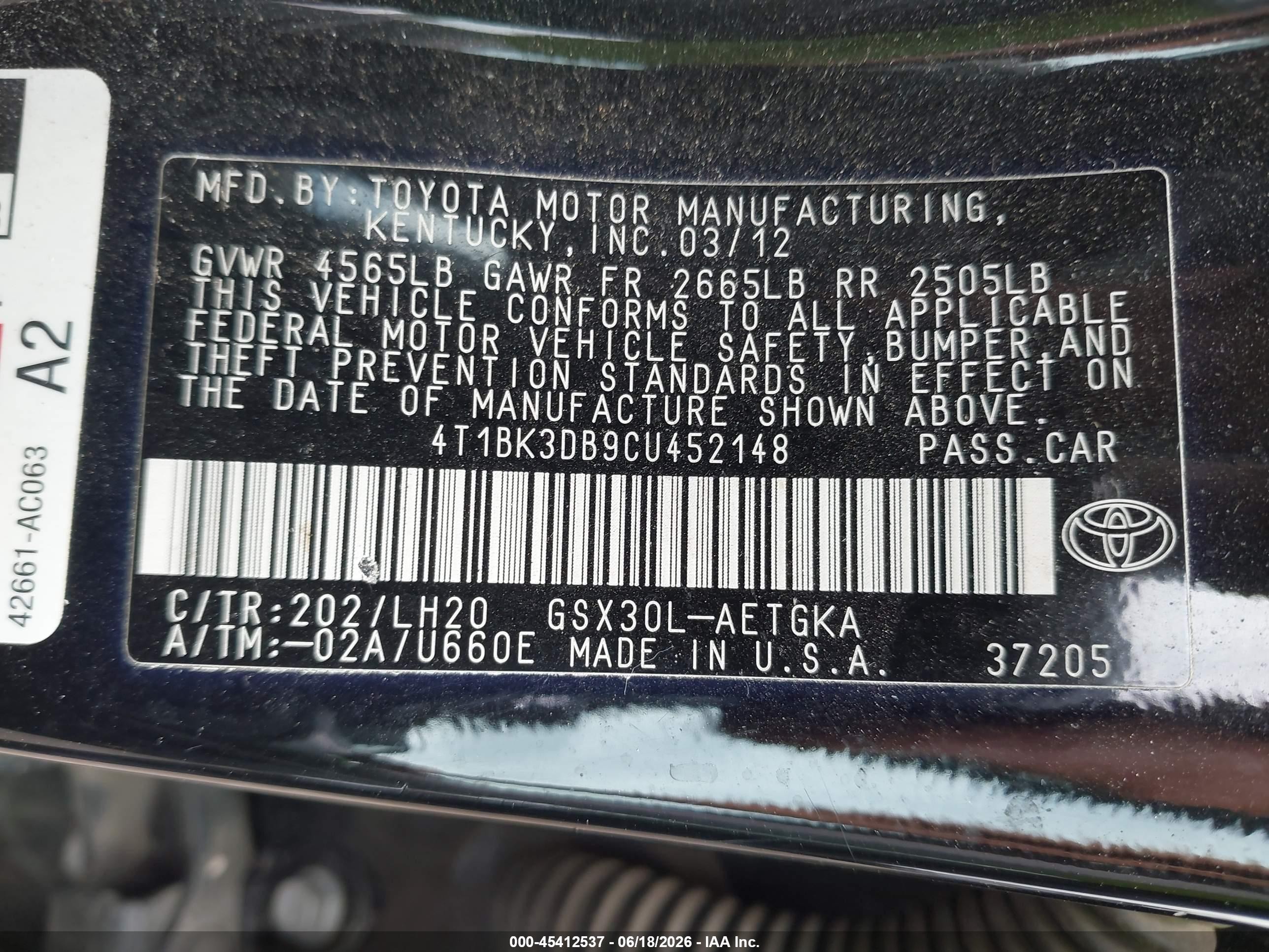 2012 Toyota Avalon   Black vin: 4T1BK3DB9CU452148