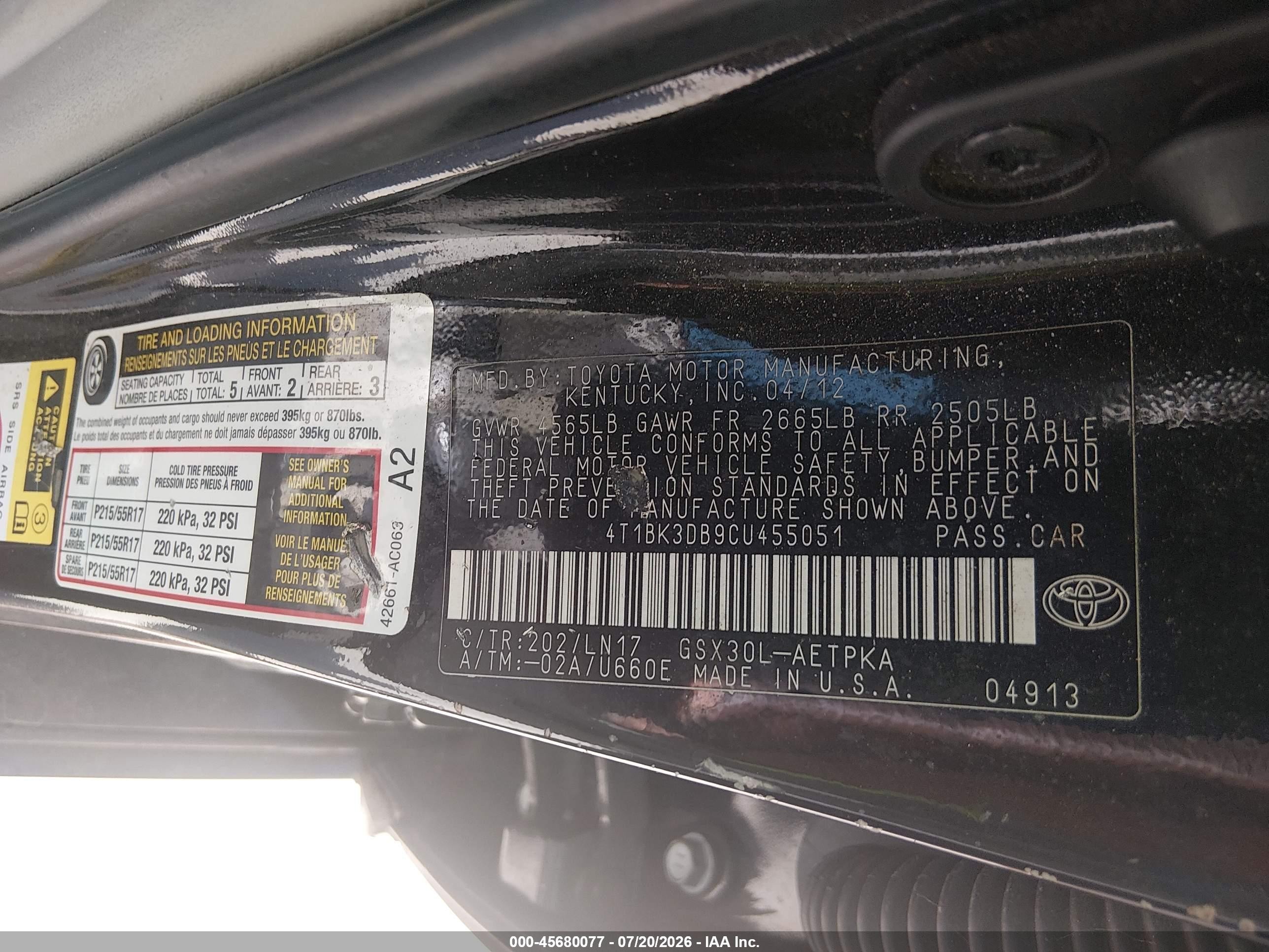 2012 Toyota Avalon Limited Black vin: 4T1BK3DB9CU455051
