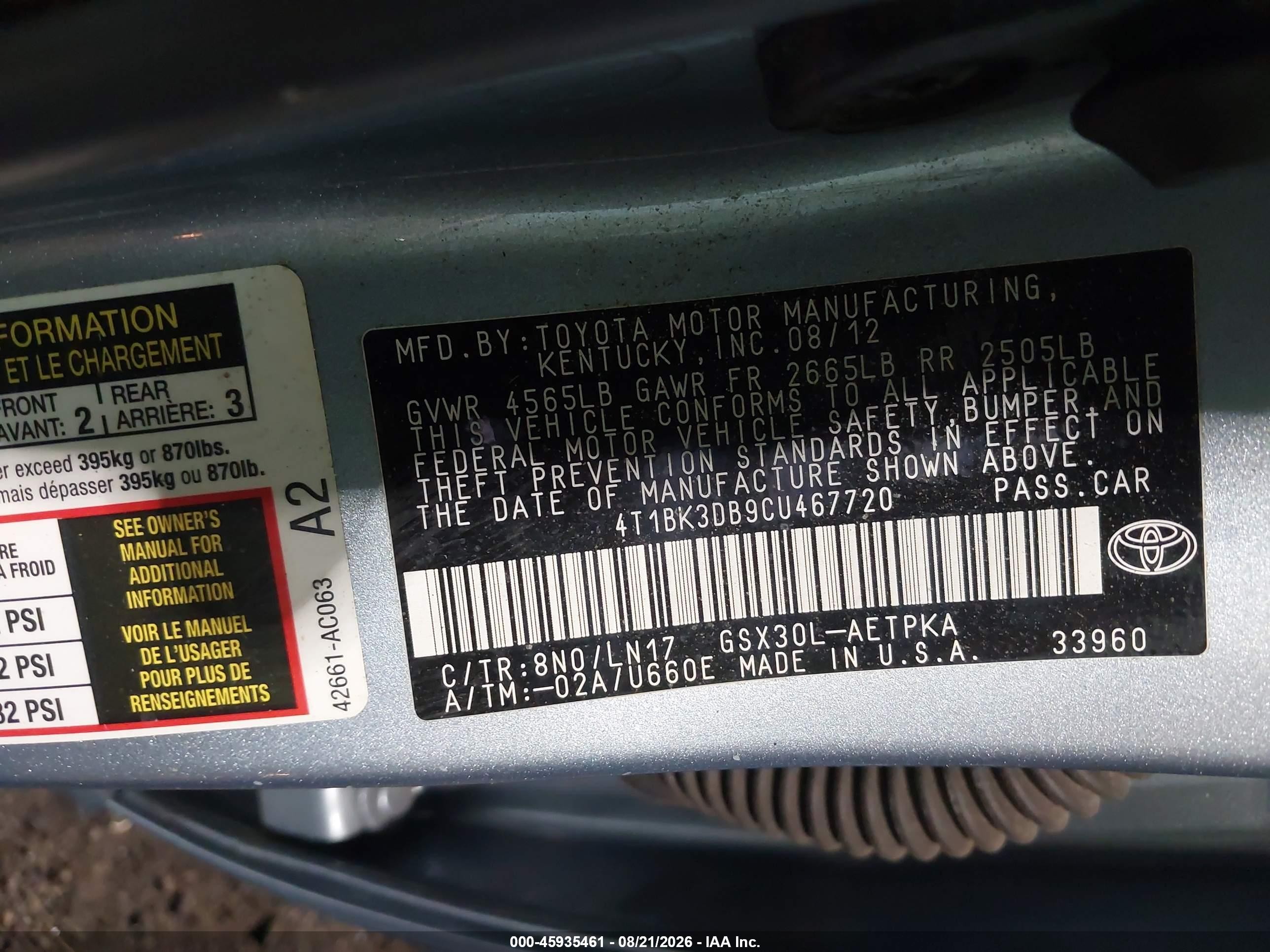 2012 Toyota Avalon Limited Light Blue vin: 4T1BK3DB9CU467720