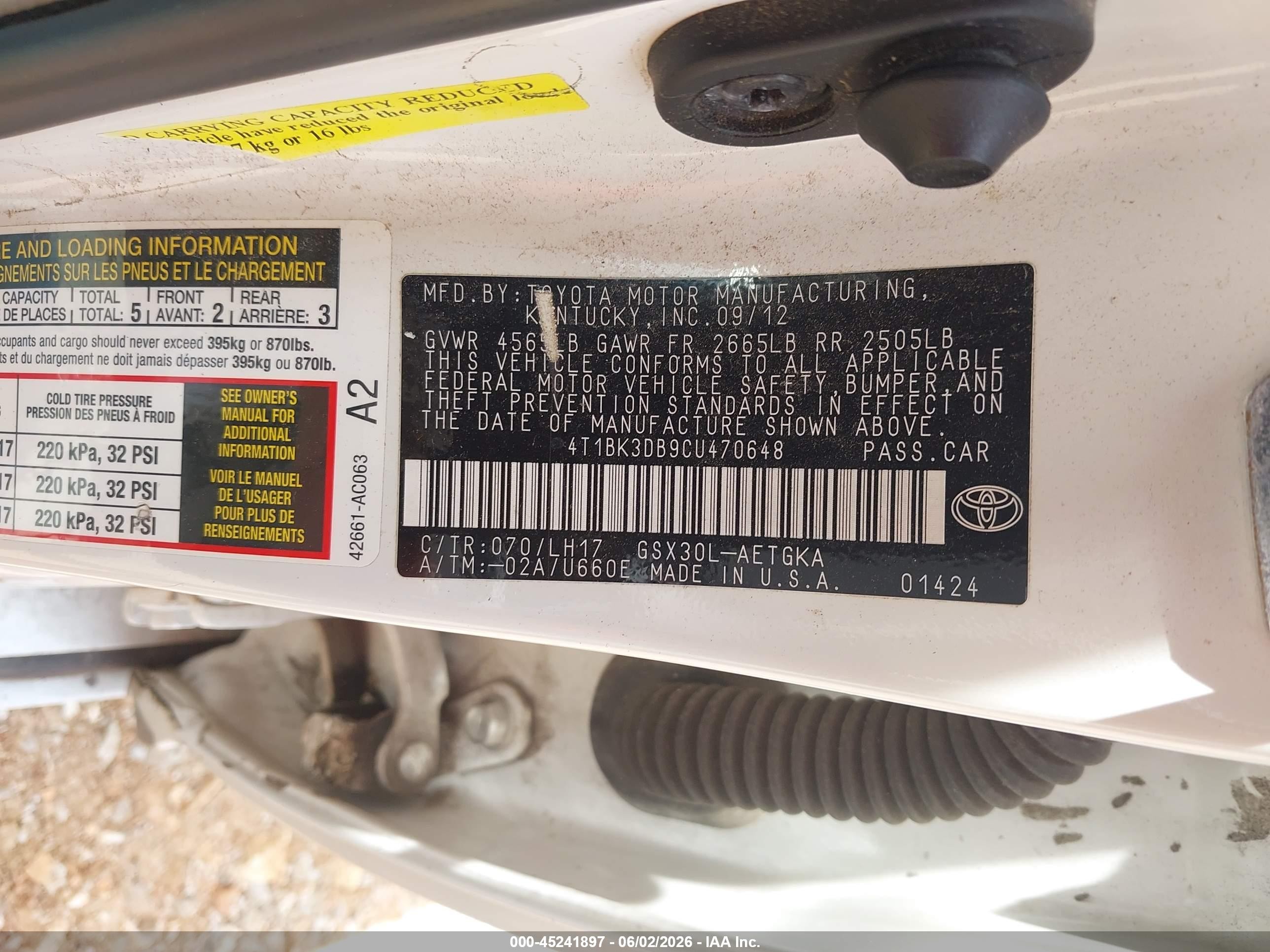 2012 Toyota Avalon   White vin: 4T1BK3DB9CU470648