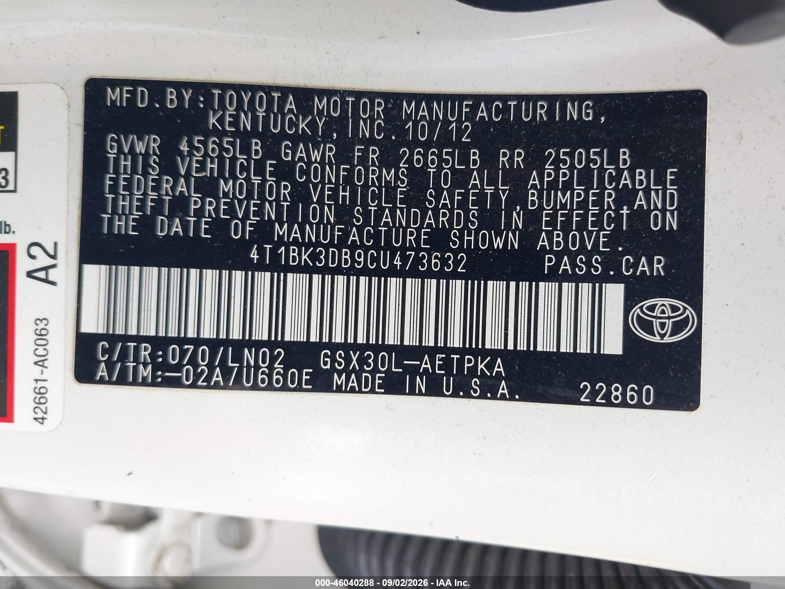2012 Toyota Avalon Limited White vin: 4T1BK3DB9CU473632