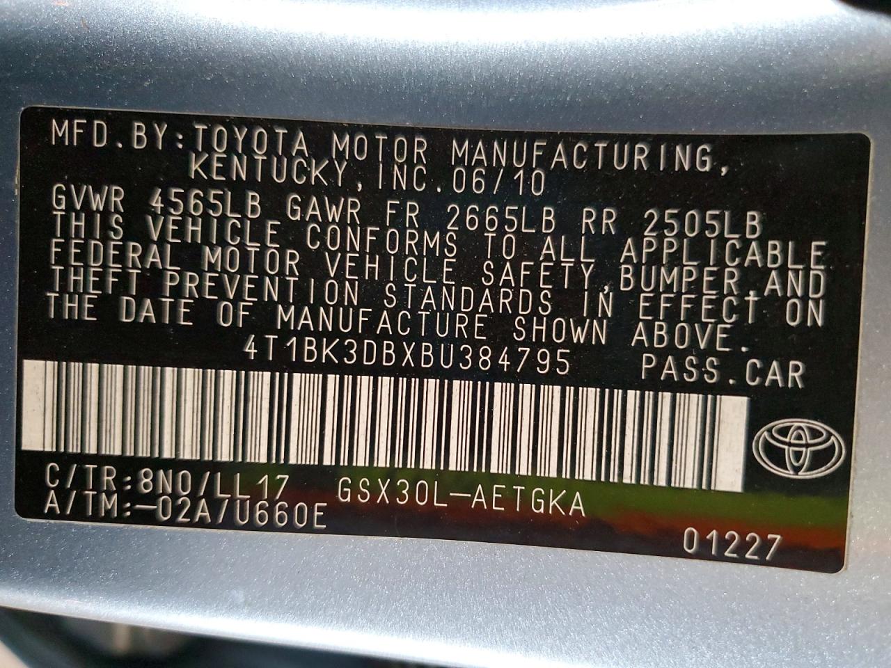 2011 Toyota Avalon Base Blue vin: 4T1BK3DBXBU384795