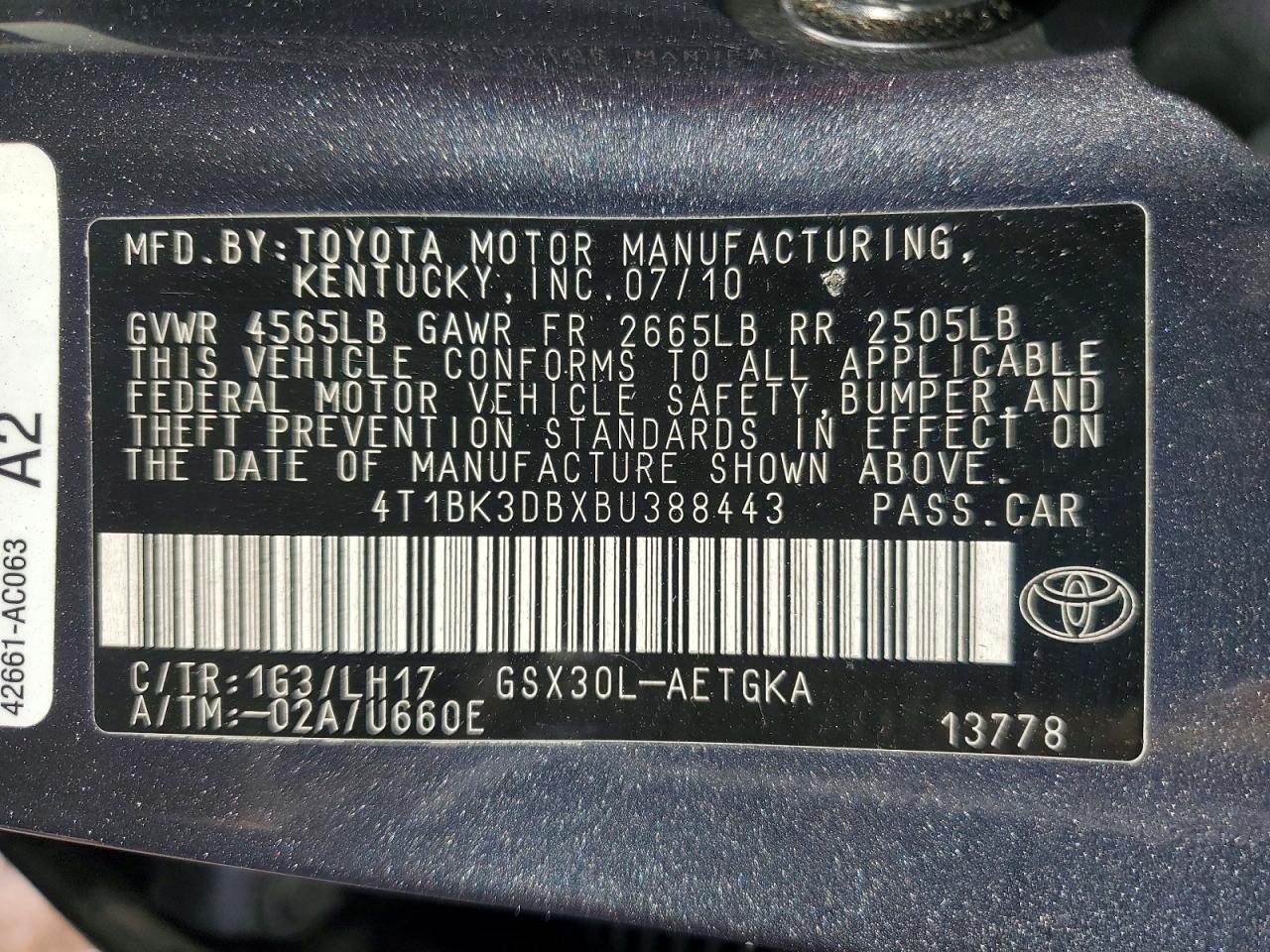 2011 Toyota Avalon Base Charcoal vin: 4T1BK3DBXBU388443