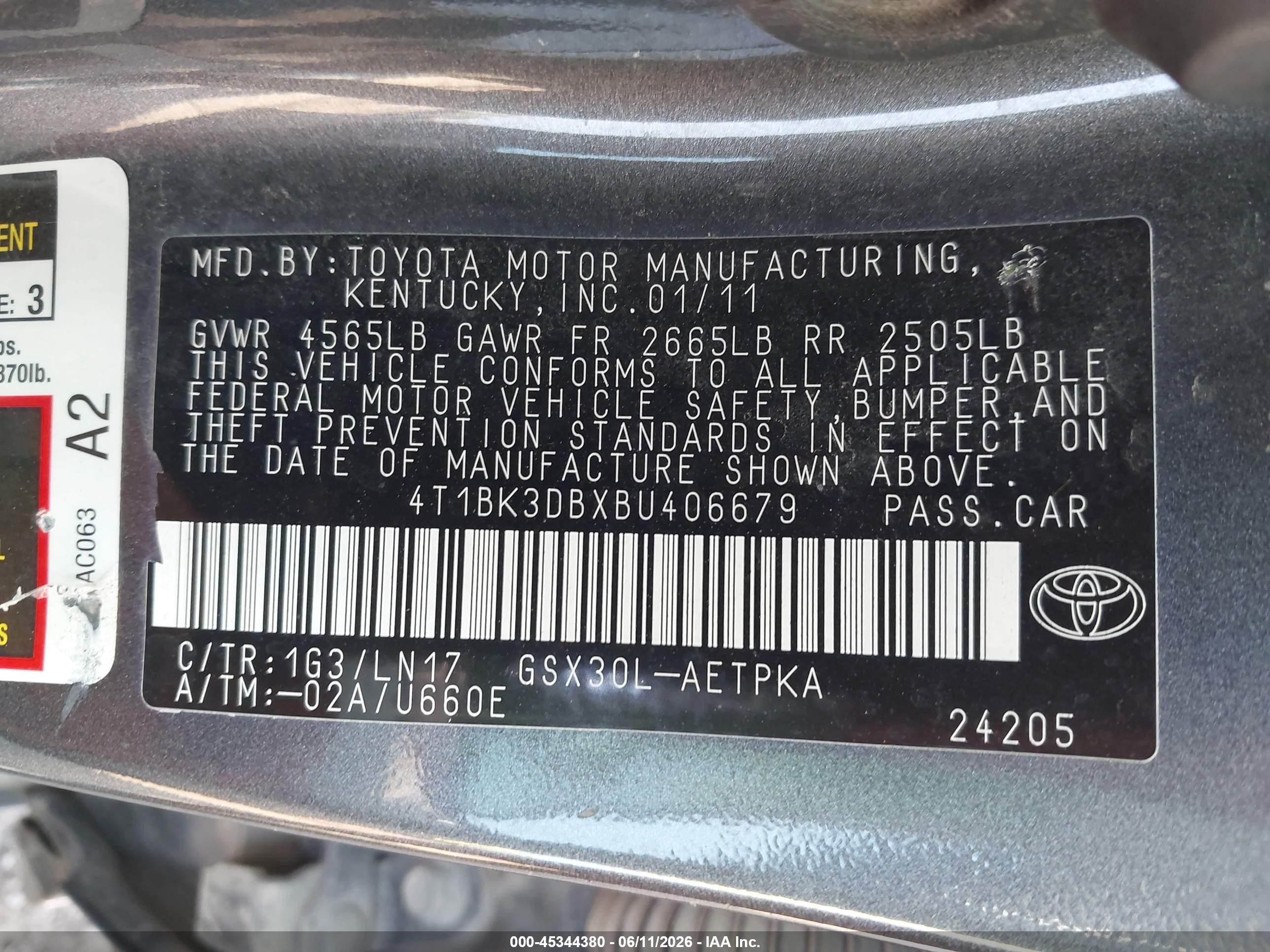 2011 Toyota Avalon Limited Gray vin: 4T1BK3DBXBU406679