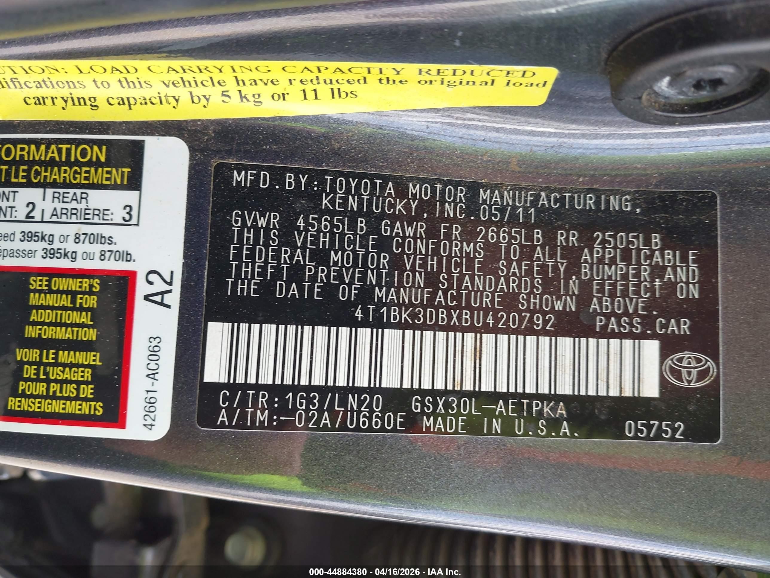 2011 Toyota Avalon Limited Gray vin: 4T1BK3DBXBU420792