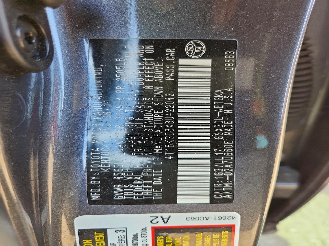 2011 Toyota Avalon Base Gray vin: 4T1BK3DBXBU422042