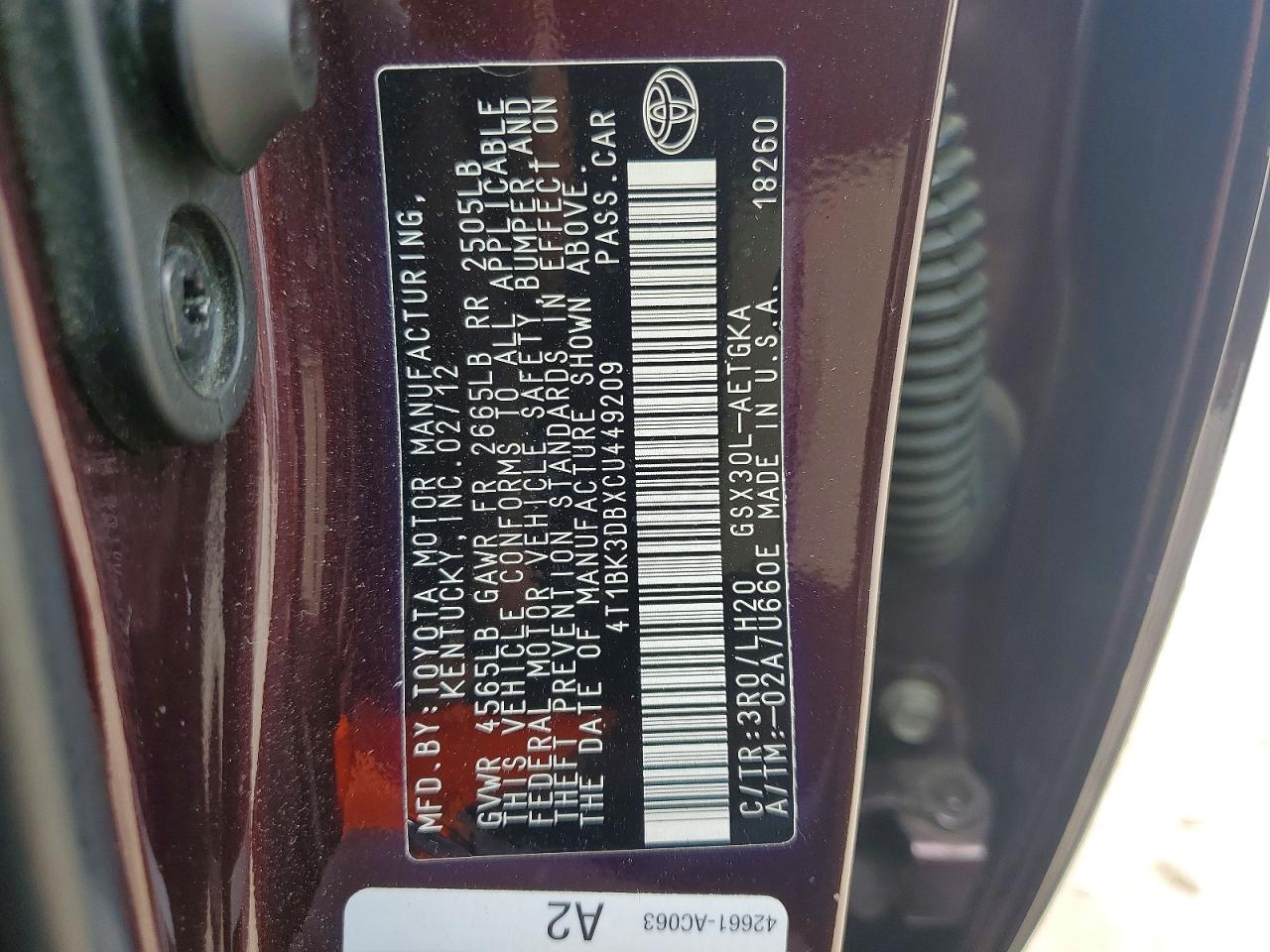 2012 Toyota Avalon Base Burgundy vin: 4T1BK3DBXCU449209