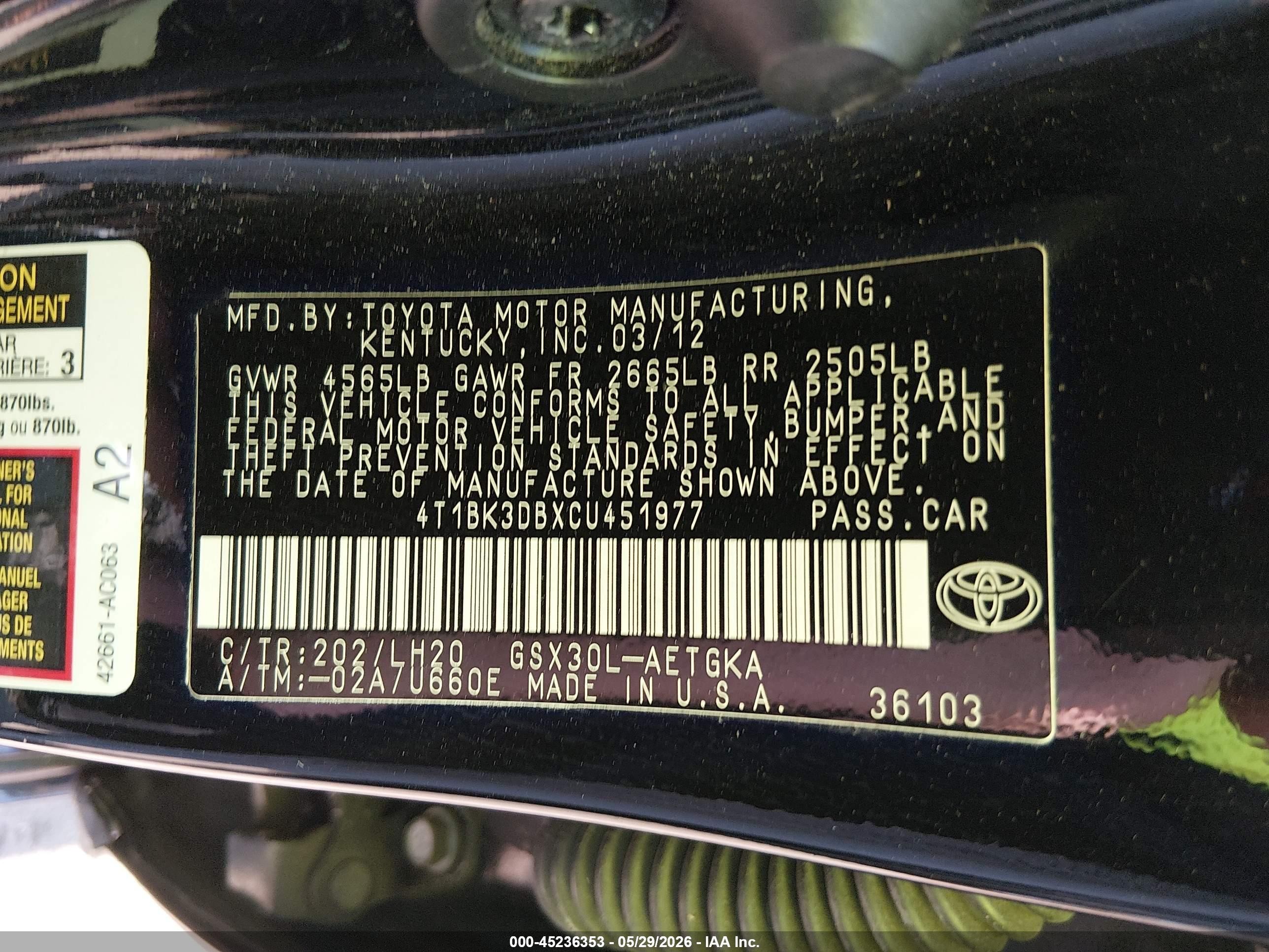 2012 Toyota Avalon   Black vin: 4T1BK3DBXCU451977
