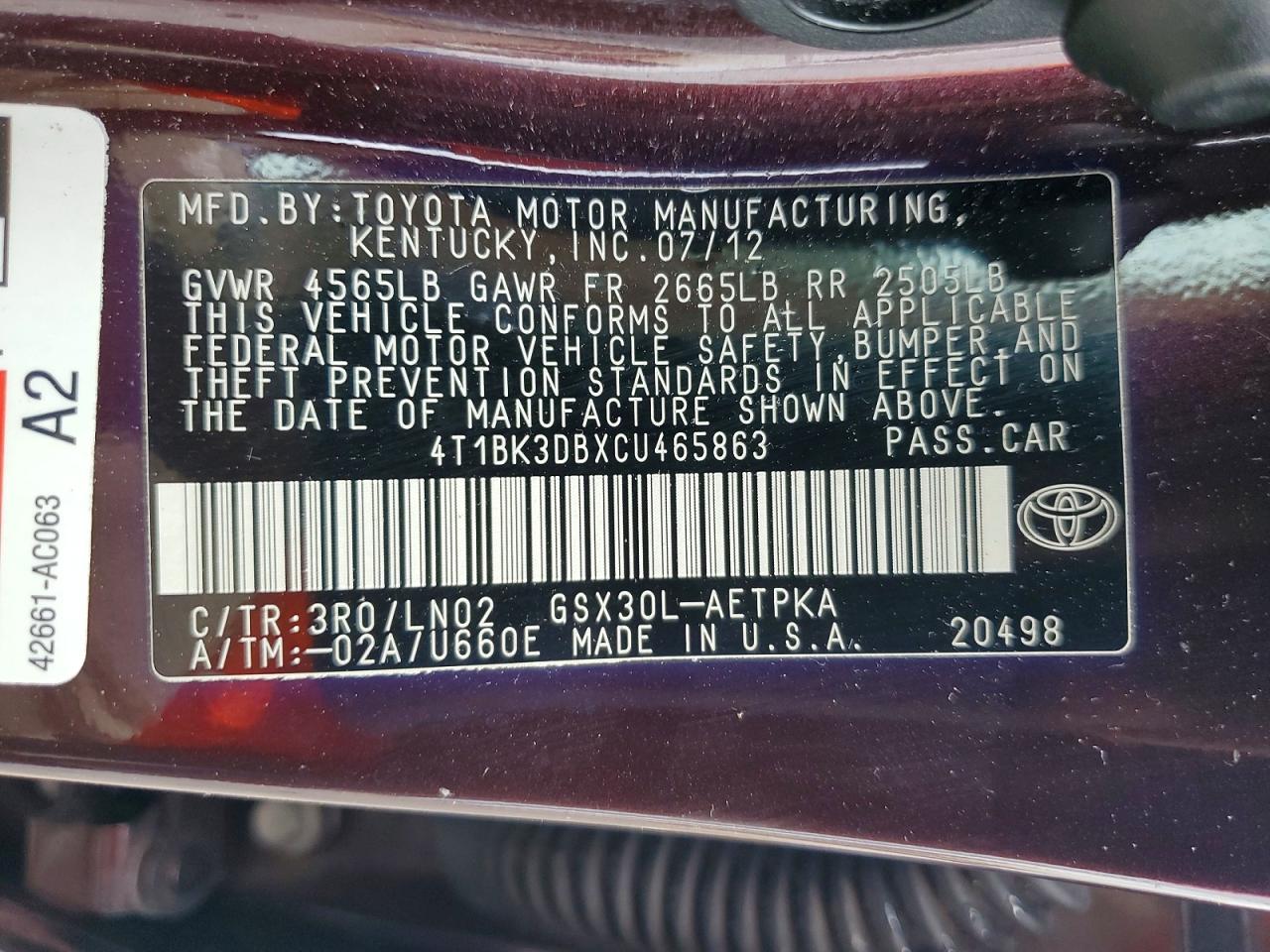 2012 Toyota Avalon Limited Burgundy vin: 4T1BK3DBXCU465863